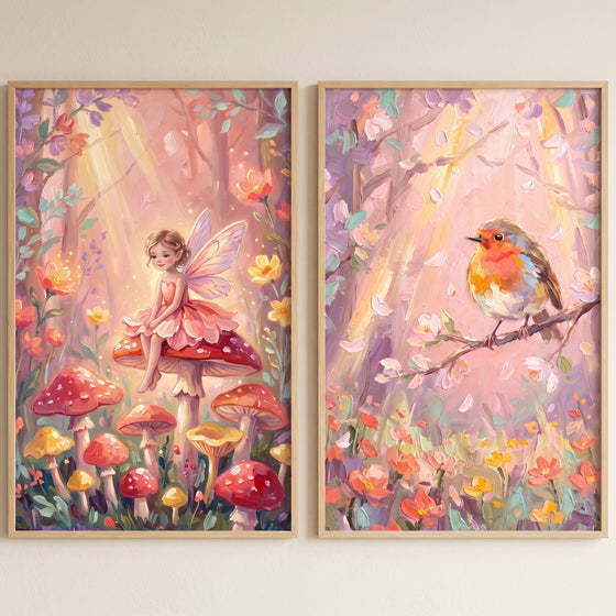 Ethereal Impasto Enchanted Forest Wall Art Set of 2 - Songbird And Sprite