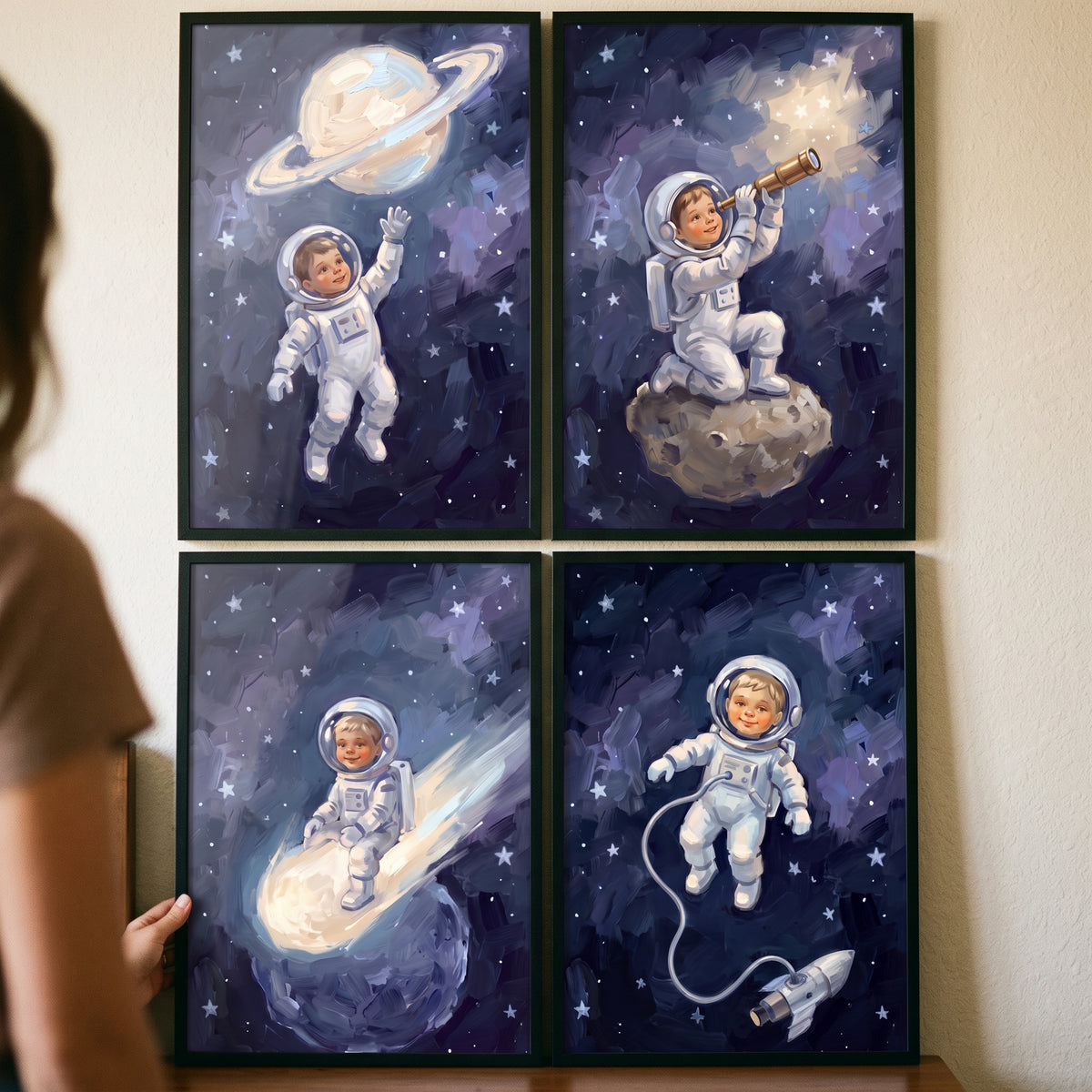 Ethereal indigo baby astronaut wall art set of 4 showing a child in a space suit exploring stars, planets, and a comet.