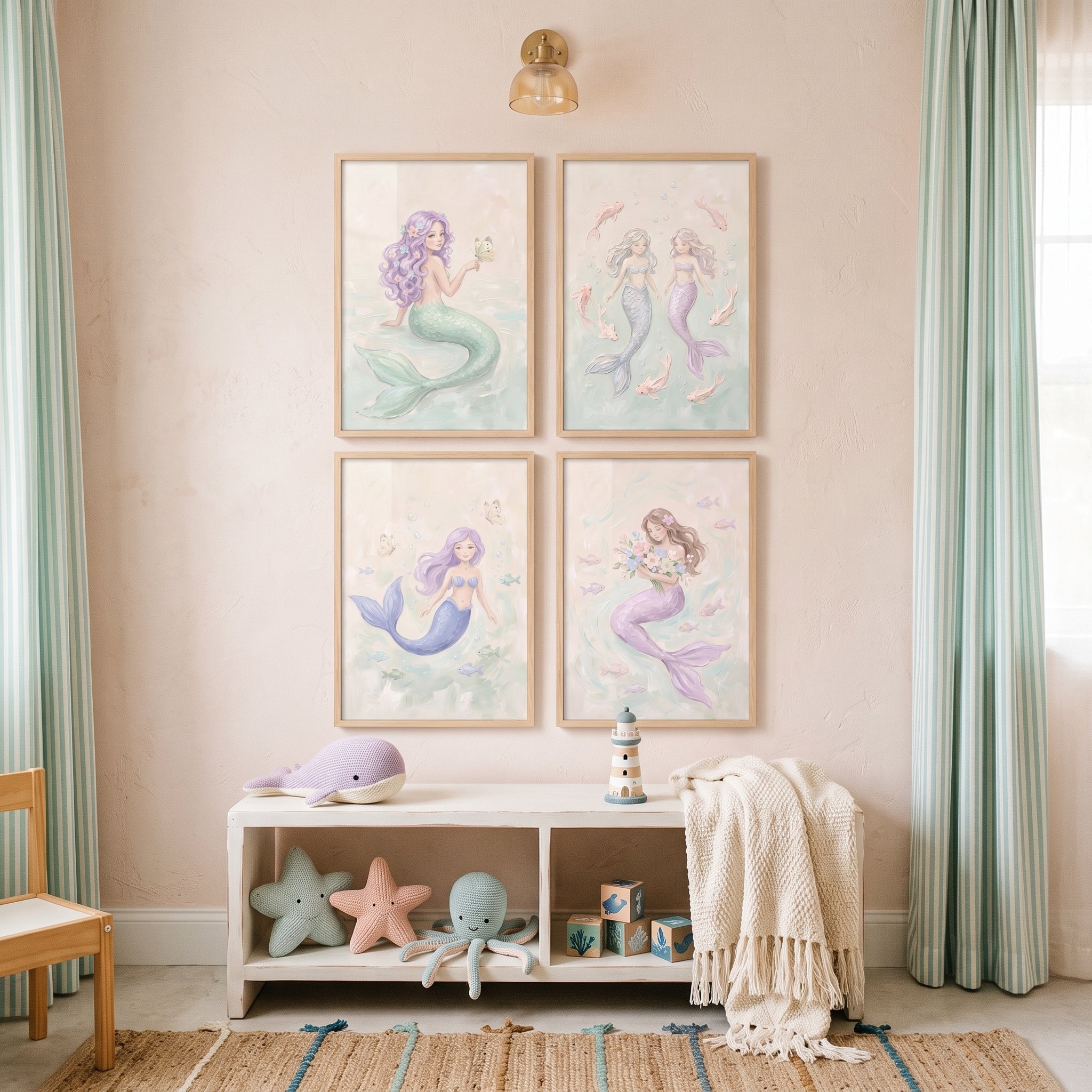 Ethereal Lavender Dreamy Mermaid Wall Art Set of 4 - Pastel Ocean Dreams