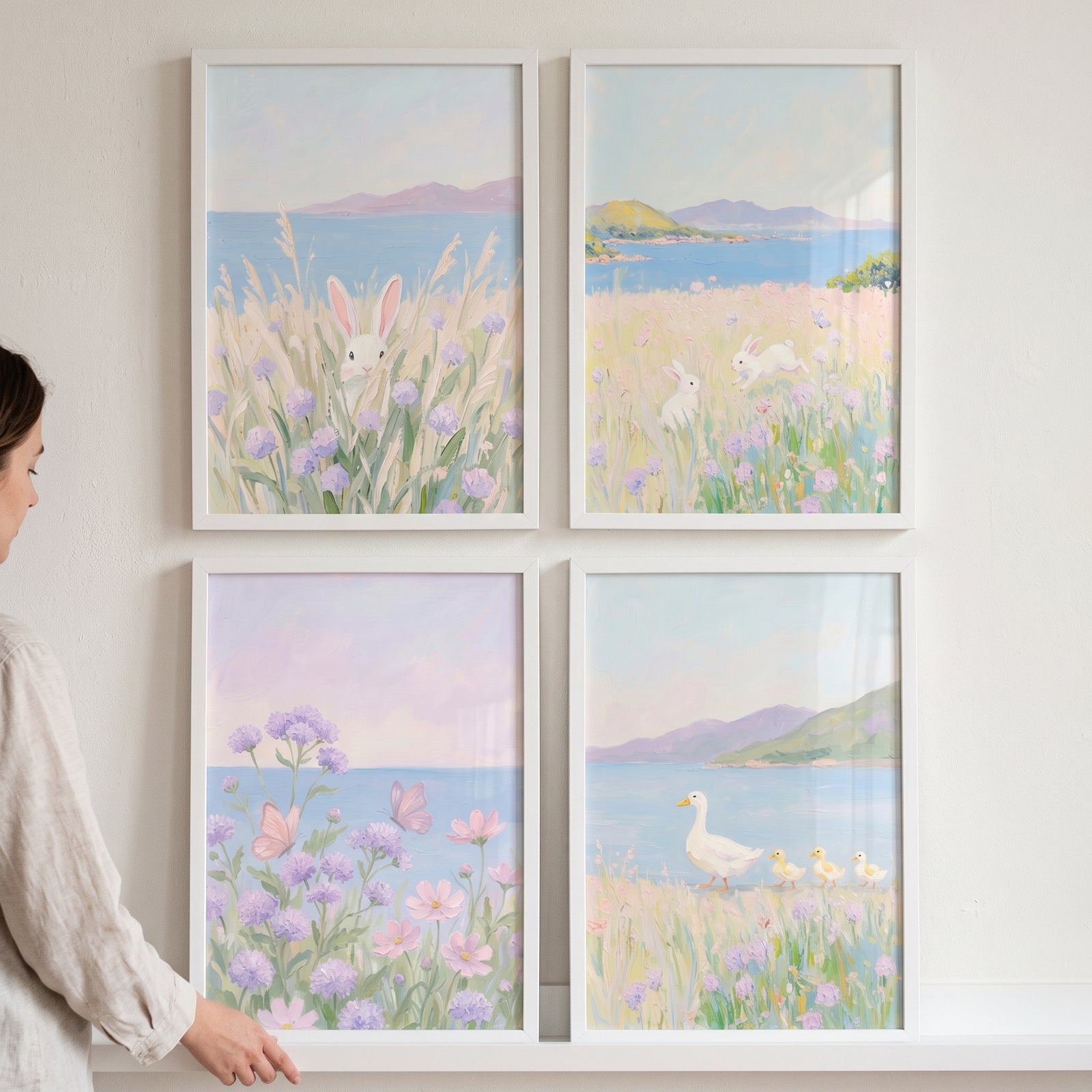 Ethereal lilac meadow coastal wall art set of 4 featuring rabbits and ducks in soft seaside landscapes.