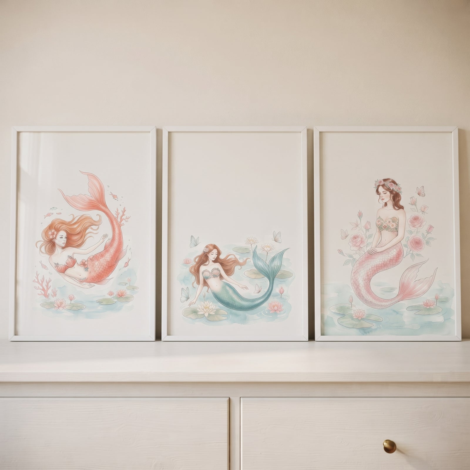 Ethereal long hair mermaid wall art set of 3 in white frames resting on a white dresser against a neutral wall.