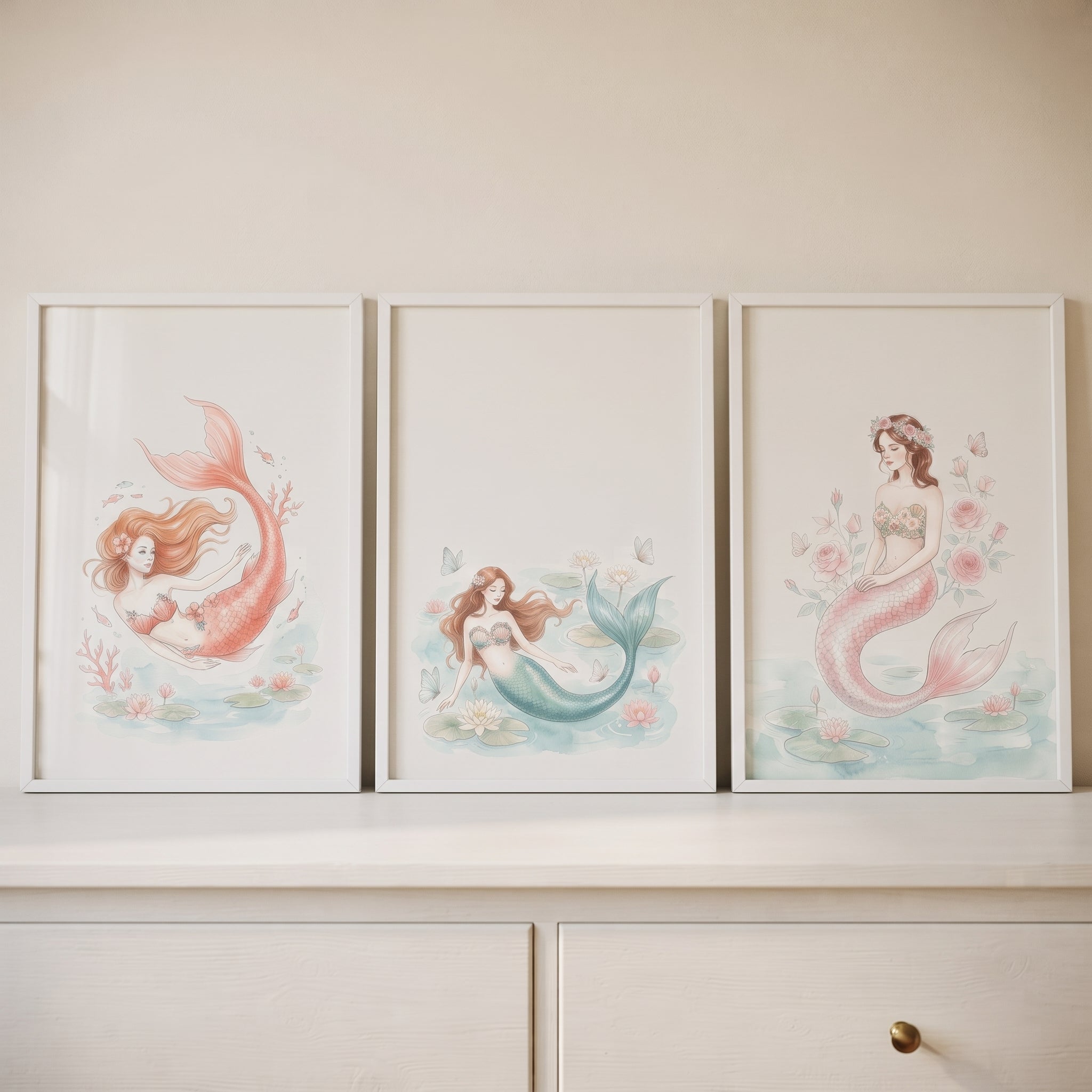 Ethereal Long Hair Mermaid Wall Art Set of 3 - Lily Pad Mermaids