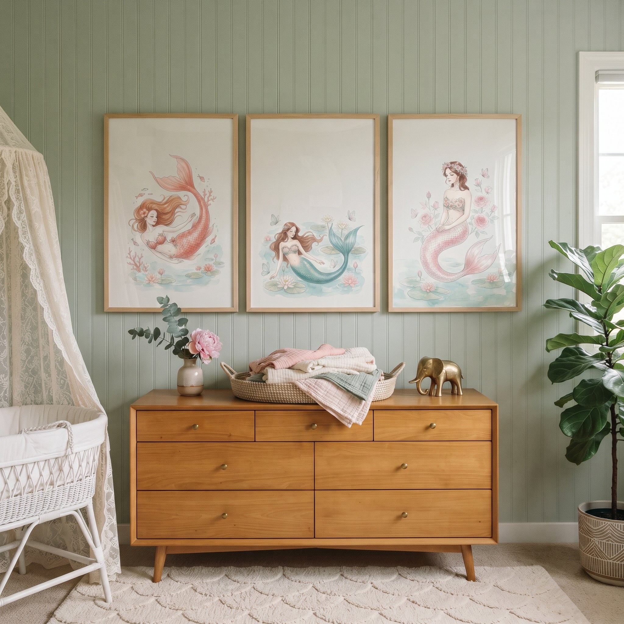 Ethereal Long Hair Mermaid Wall Art Set of 3 - Lily Pad Mermaids