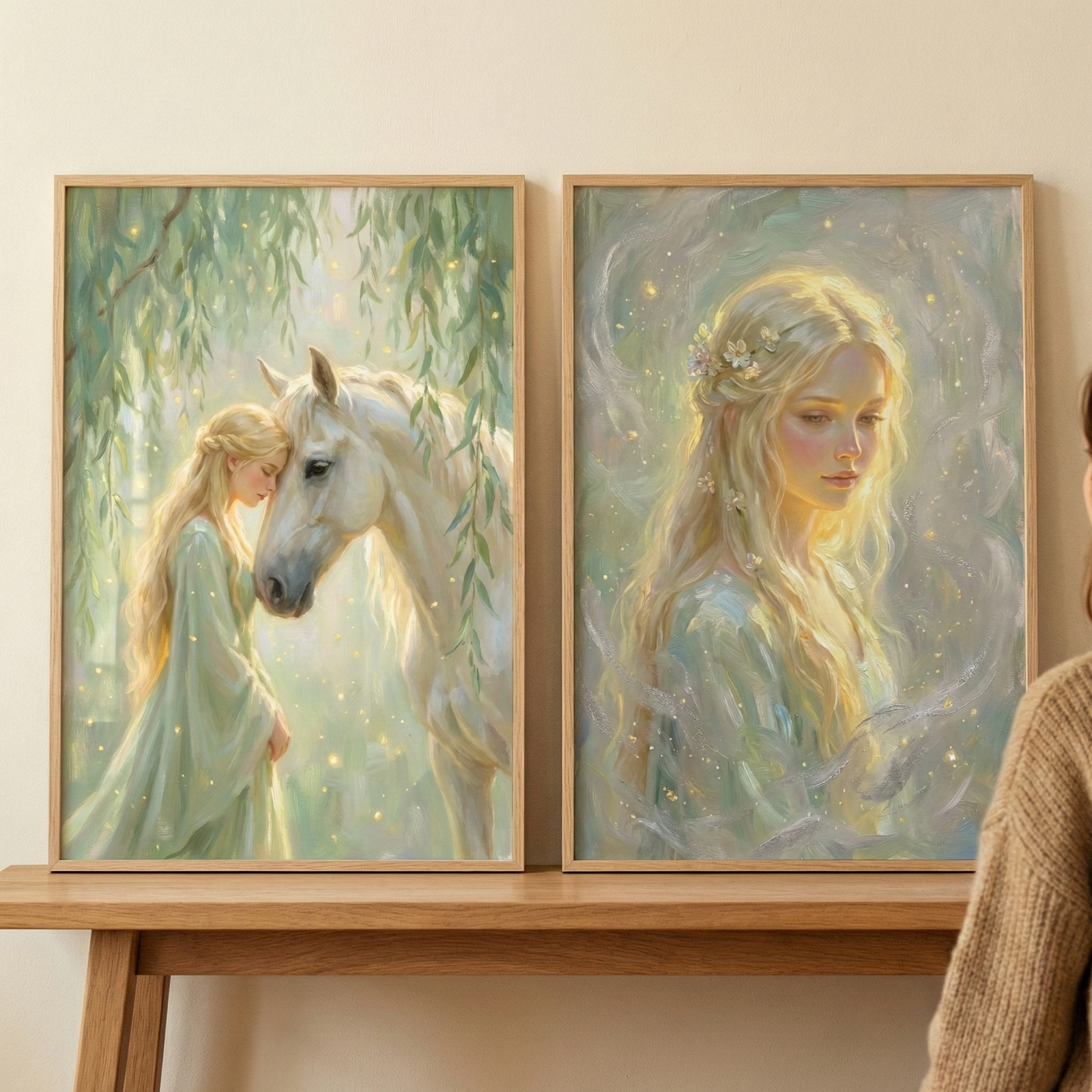 Two framed vertical artworks sit on a light wood shelf against a neutral wall. The left artwork features a woman with long blonde hair in a soft green gown standing beside a white horse in a forest with glowing golden light. The right artwork is a soft portrait of a blonde woman with a flower crown, surrounded by ethereal light and shimmering sparkles. Both pieces have a magical, fairytale-like feel. Part of a person's shoulder in a brown sweater is visible on the right.