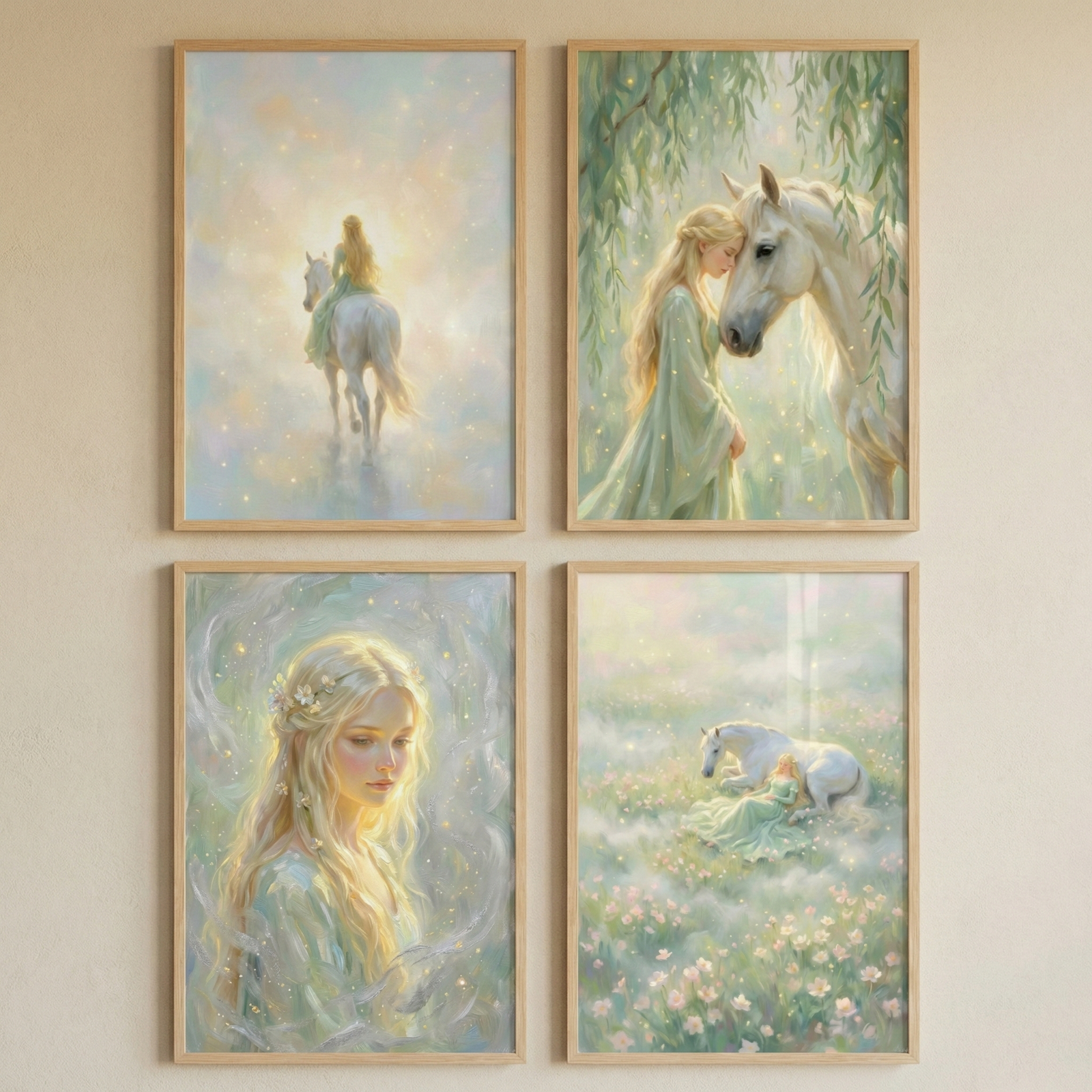 Four framed illustrations are arranged in a square grid on a neutral wall. Each scene features a blonde woman in a soft green gown and a white horse in a dreamy, light-filled environment. The top-left shows the pair walking into a bright horizon. The top-right captures an intimate moment under leafy branches. The bottom-left is a close-up portrait of the woman with a thoughtful expression. The bottom-right shows them resting together in a meadow of wildflowers under a misty glow.