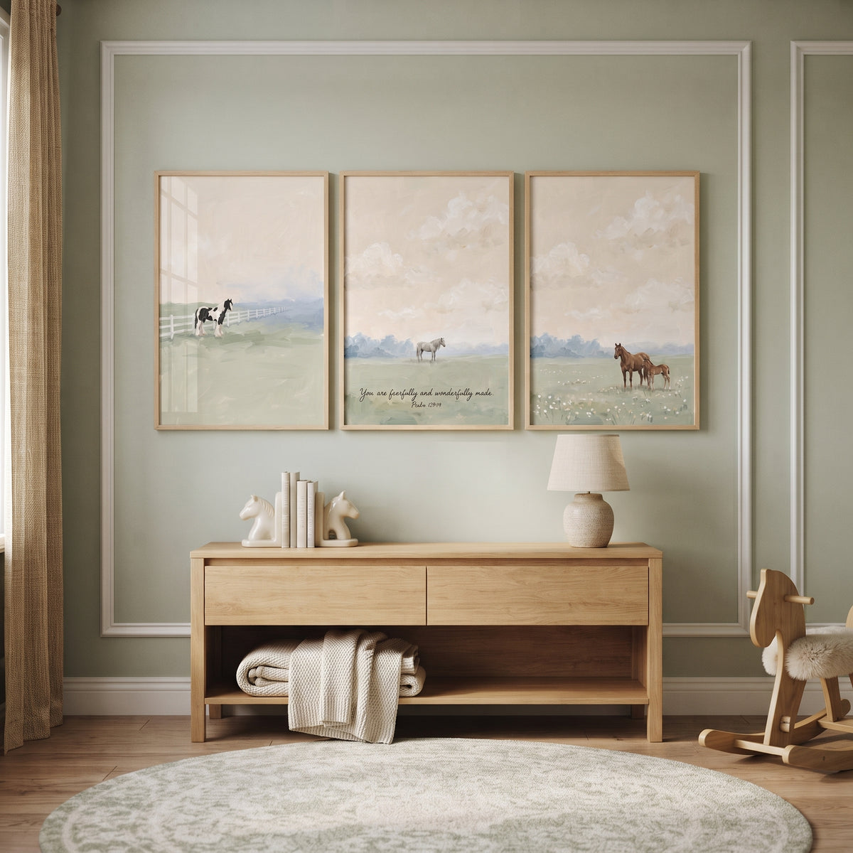 Ethereal Meadow Scene Horse Wall Art Set of 3 - Serene Horse Meadows