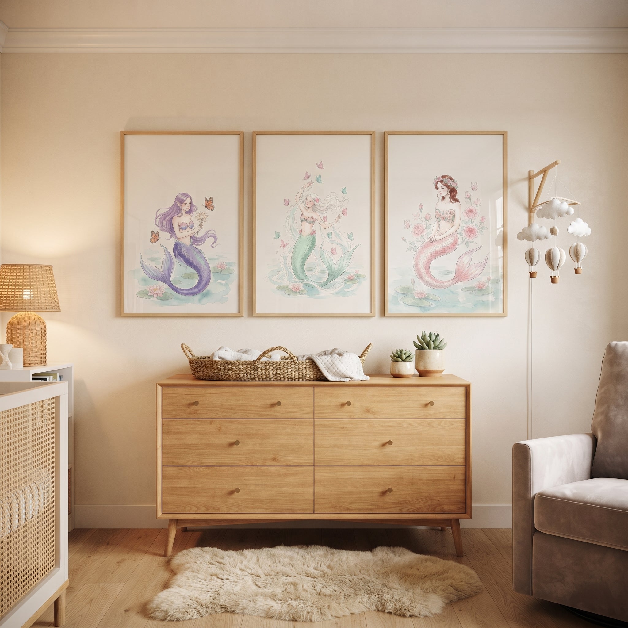 Ethereal Mermaid Wall Art Set of 3 - Pastel Ocean Grace