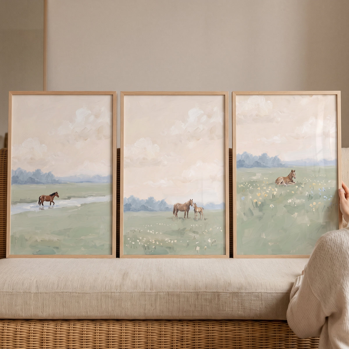 Ethereal morning pasture horse wall art set of 3 featuring brown horses in a soft green field with a light cloudy sky.