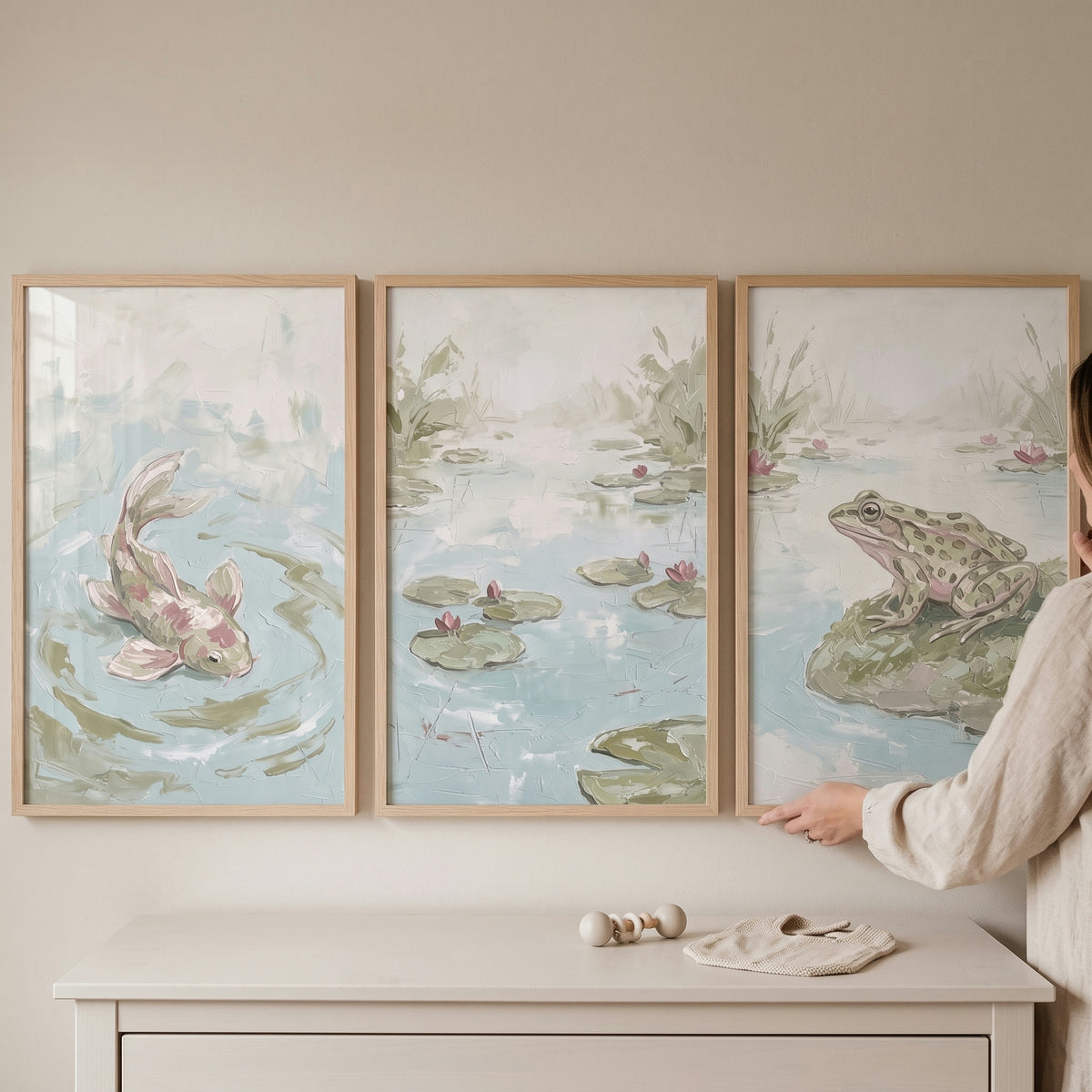 Ethereal Muted Pond Wall Art Set of 3 - Lily Pad Harmony