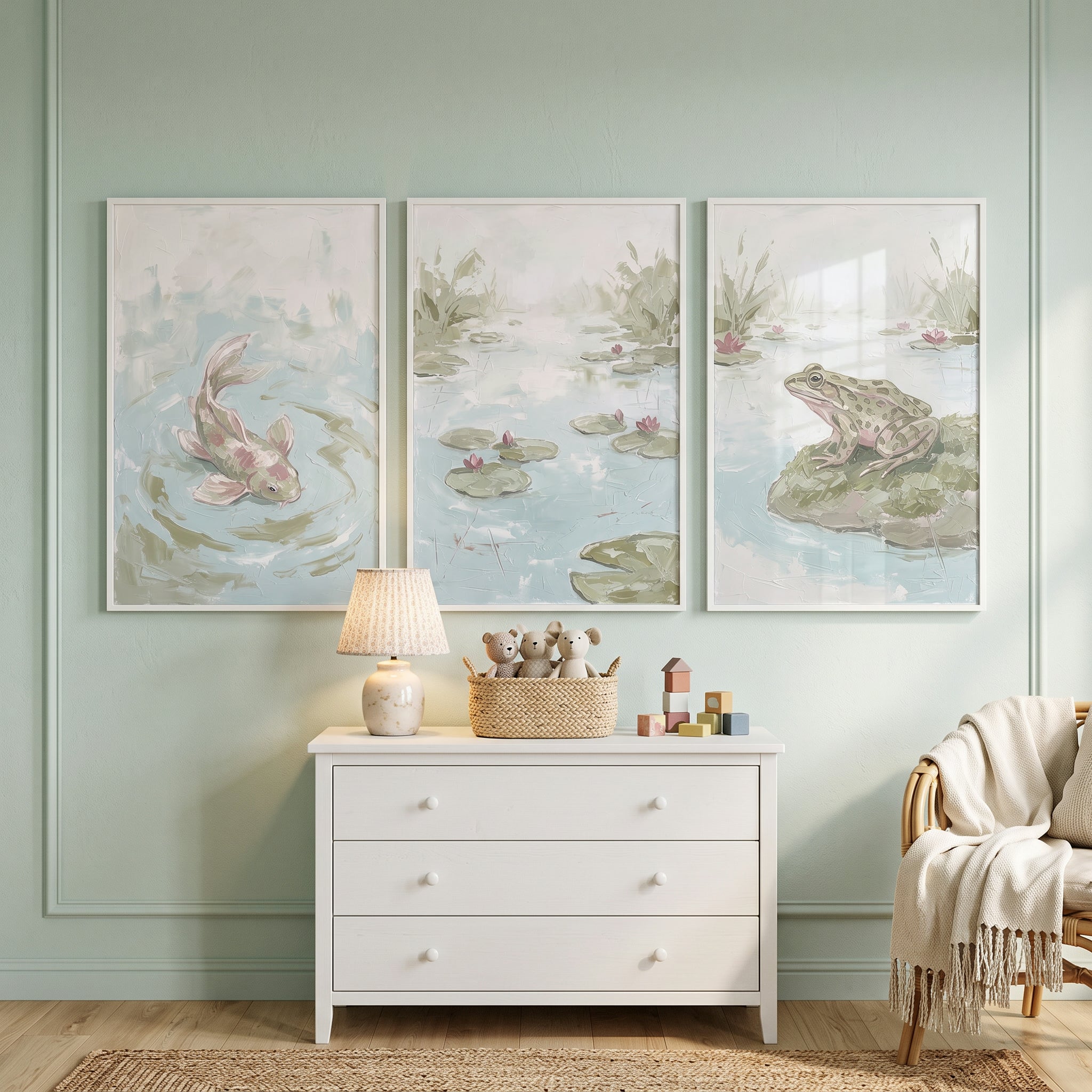 Ethereal Muted Pond Wall Art Set of 3 - Lily Pad Harmony