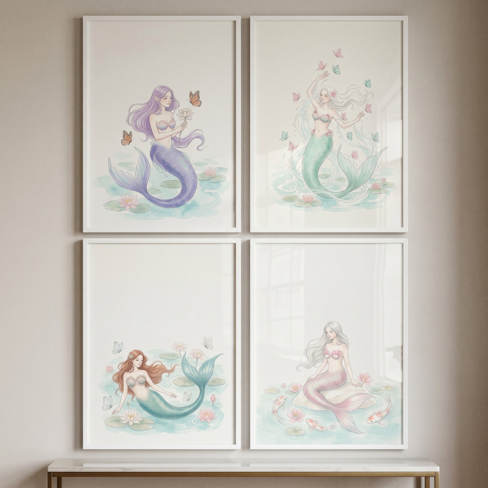 Ethereal Pastel Aquatic Mermaid Artwork Set of 4 - Pastel Ocean Nymphs
