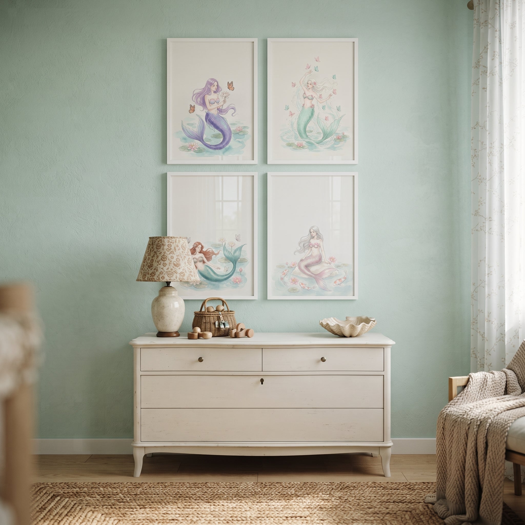 Ethereal Pastel Aquatic Mermaid Artwork Set of 4 - Pastel Ocean Nymphs