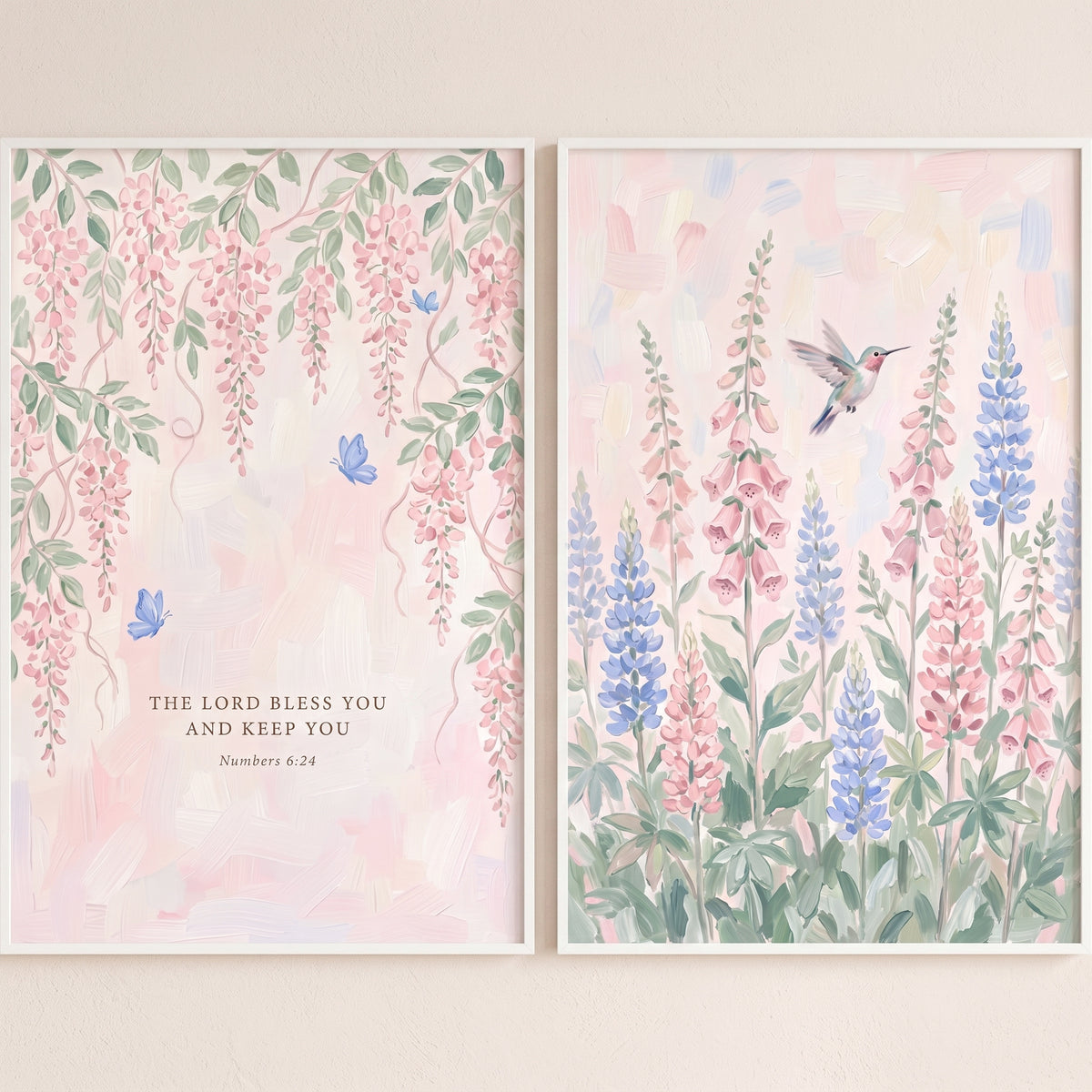 Ethereal Pastel Botanical Garden Wall Art Set of 2 - Serene Meadow Blessing