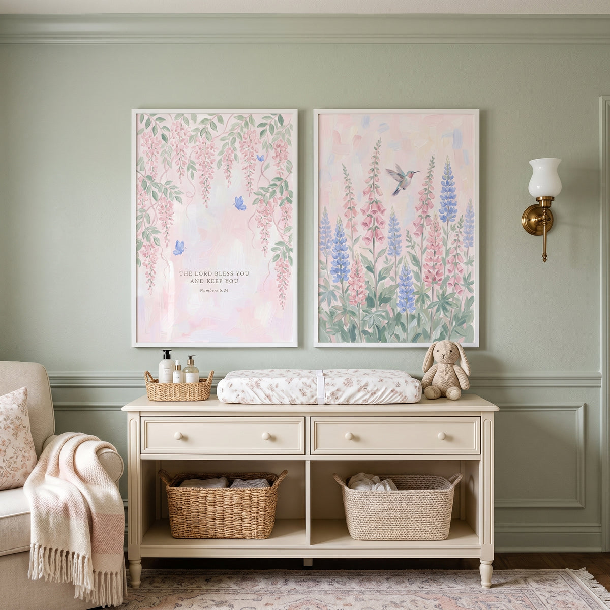 Ethereal Pastel Botanical Garden Wall Art Set of 2 - Serene Meadow Blessing