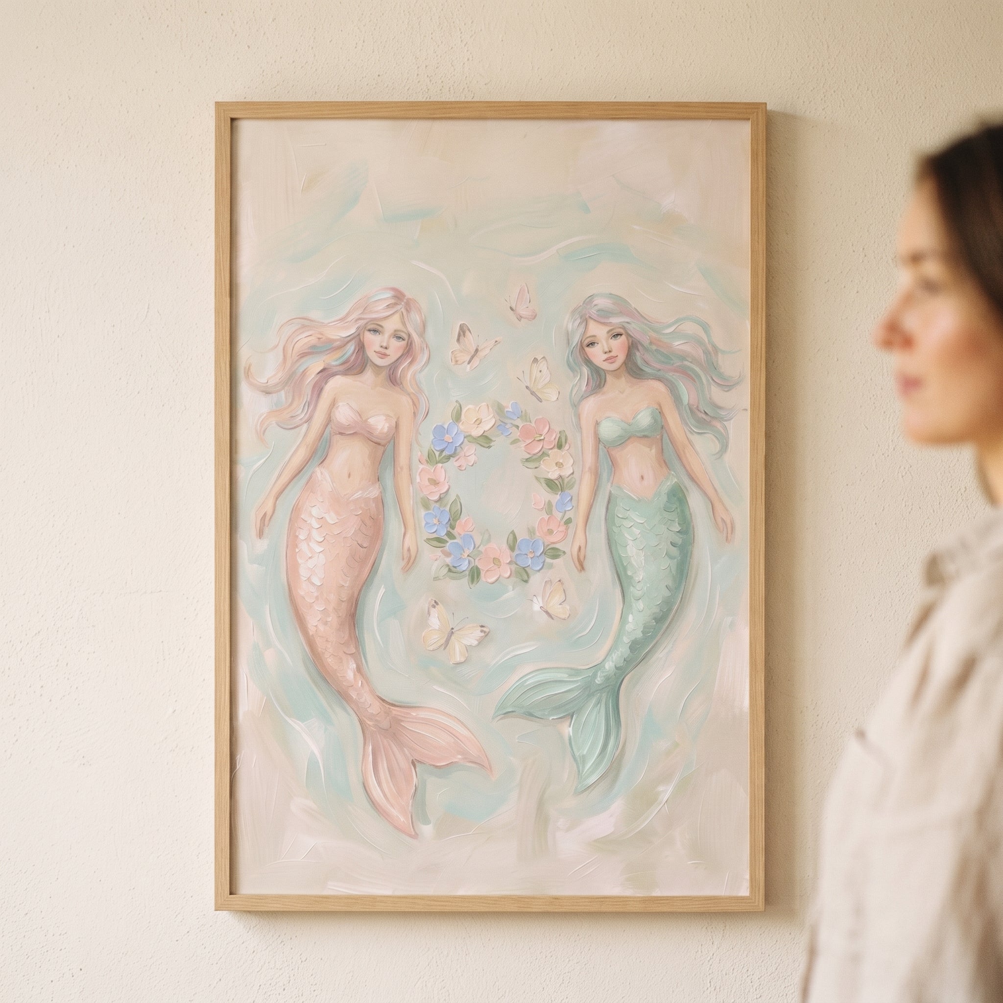 Ethereal Pastel Floating Mermaid Wall Art - Serene Mermaid Duo