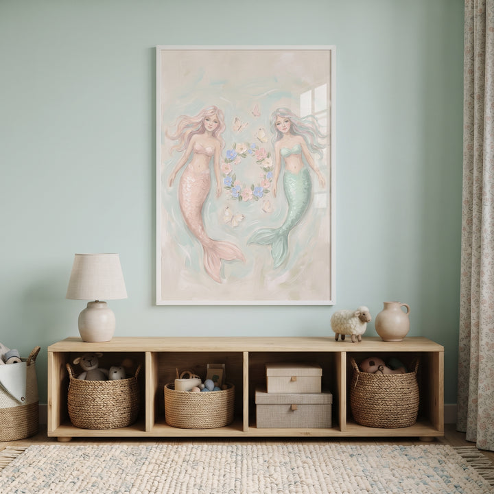 Ethereal pastel floating mermaid wall art hangs above a wooden storage shelf with woven baskets in a soft blue room.