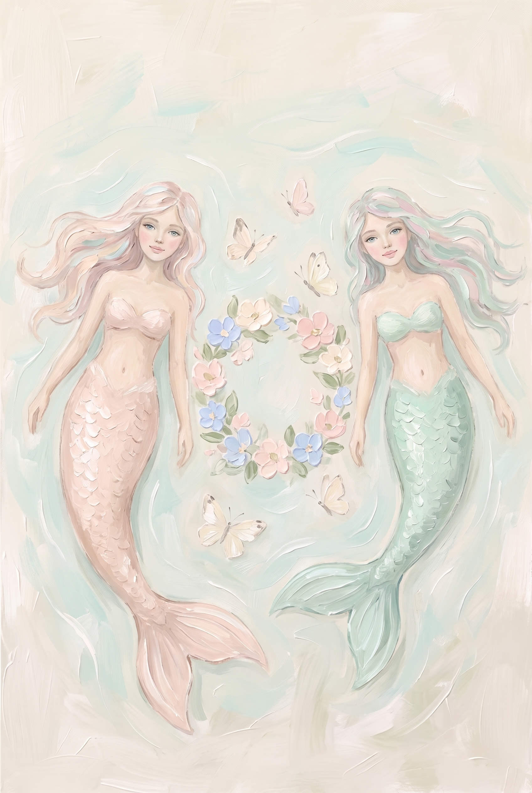 Ethereal Pastel Floating Mermaid Wall Art - Serene Mermaid Duo