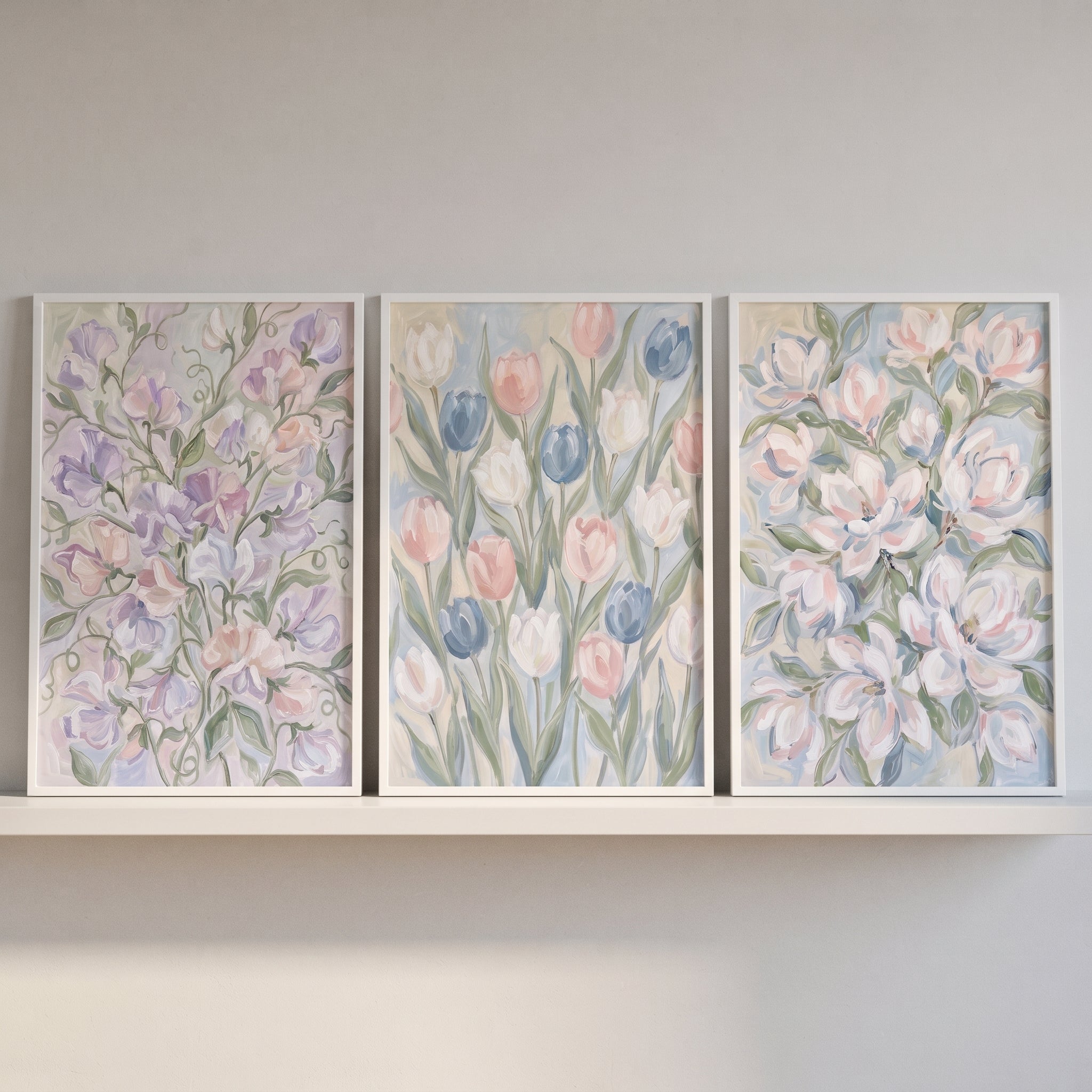 Ethereal Pastel Garden Floral Wall Art Set of 3 - Soft Petal Trio