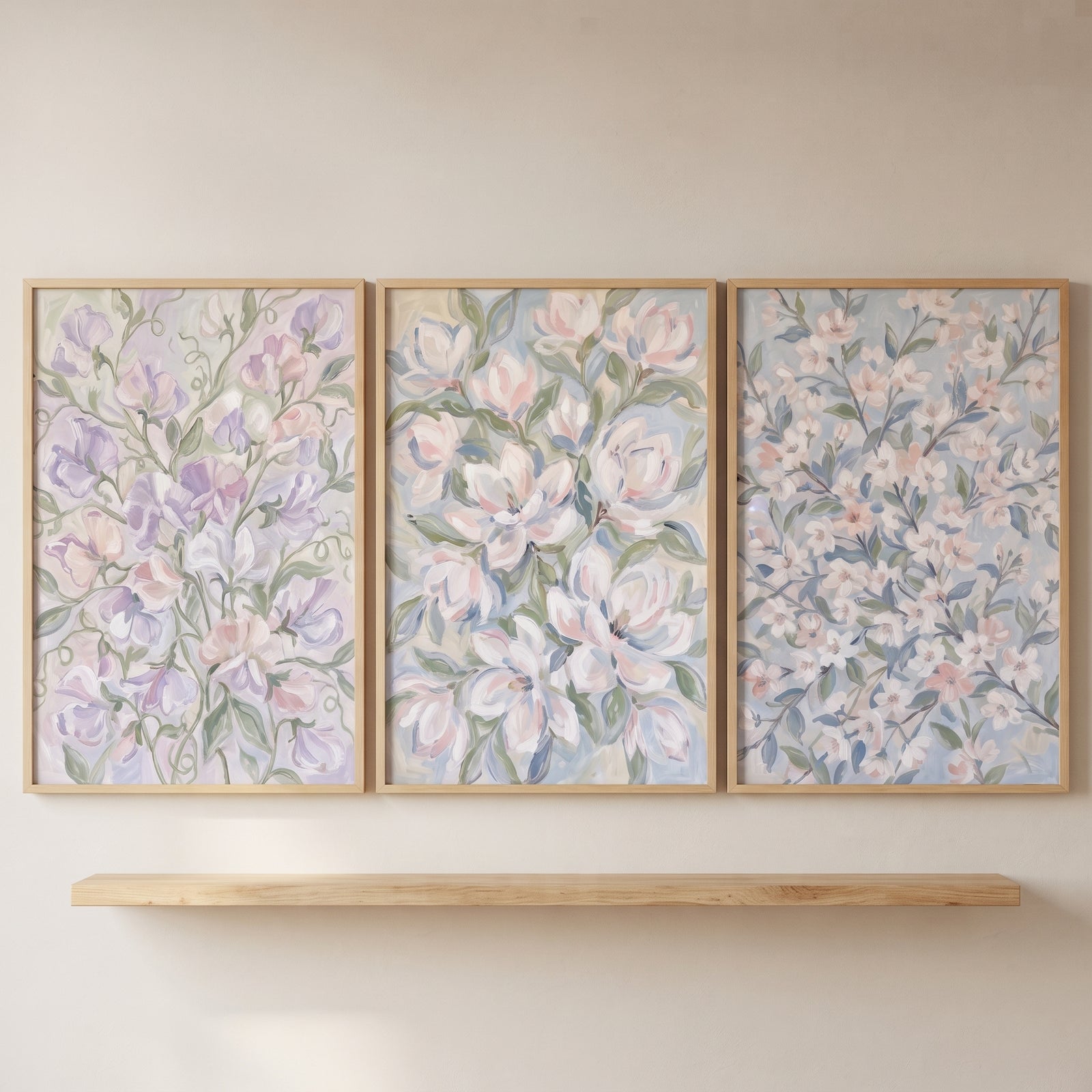 Ethereal pastel garden floral wall art set of 3 in natural frames hanging above a wooden floating shelf.