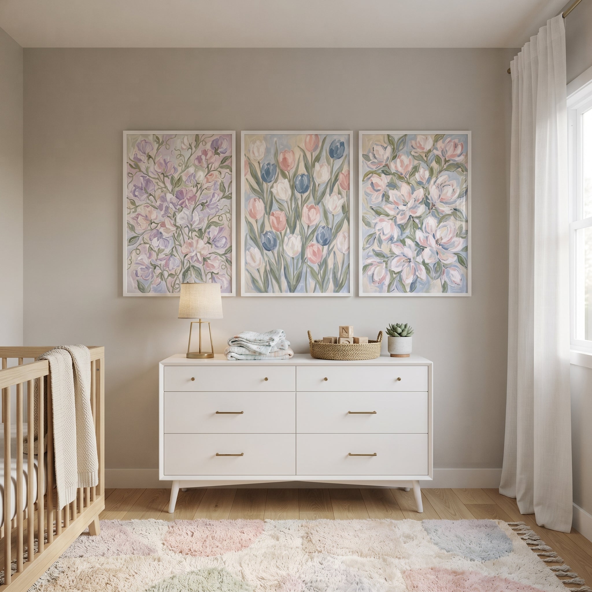 Ethereal Pastel Garden Floral Wall Art Set of 3 - Soft Petal Trio