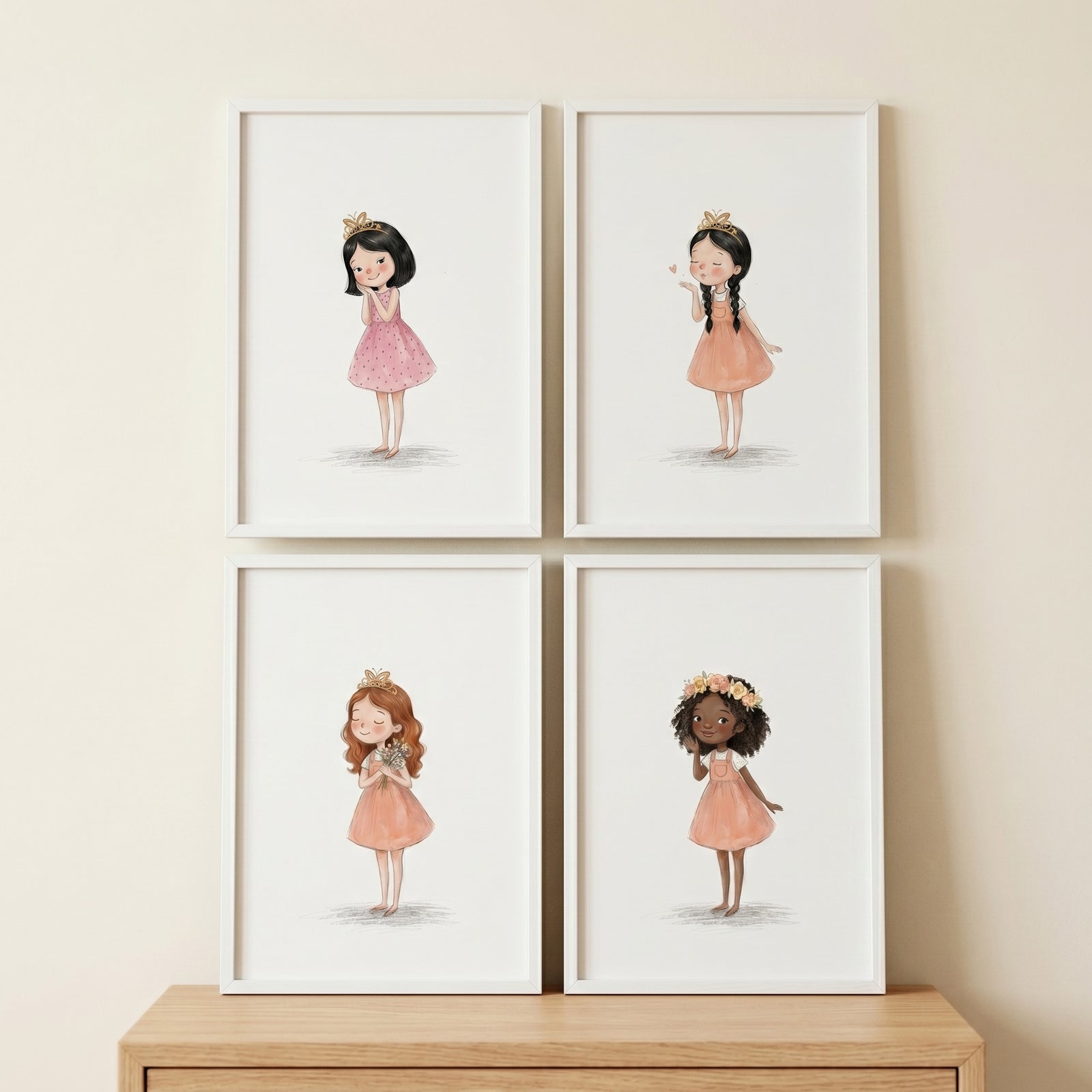 Ethereal pastel little girl artwork set of 4 depicts diverse young girls in crowns and dresses within white frames.