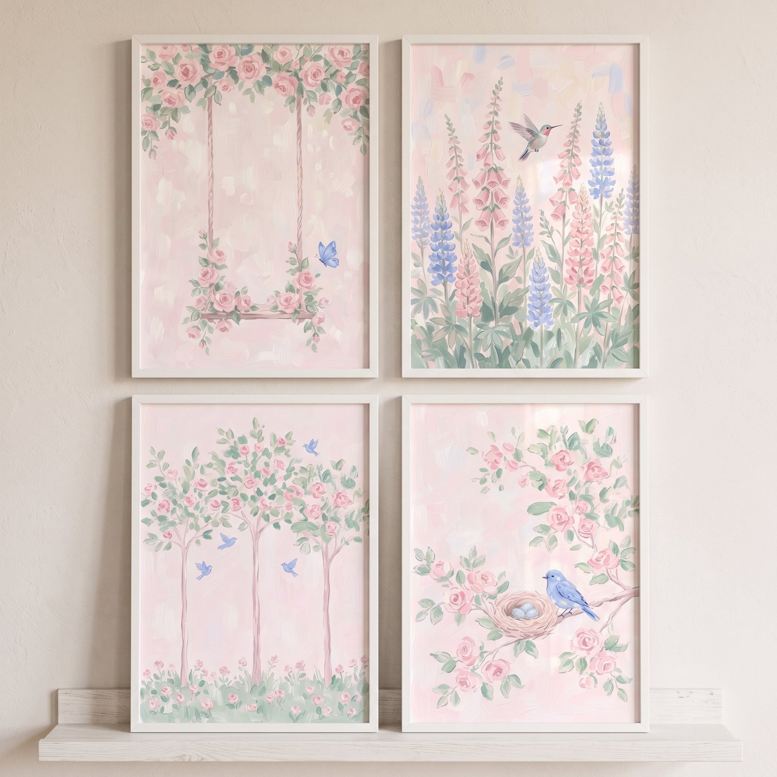 Ethereal pastel rose garden wall art set of 4 featuring a swing, birds, and flowers in soft pink and green tones.