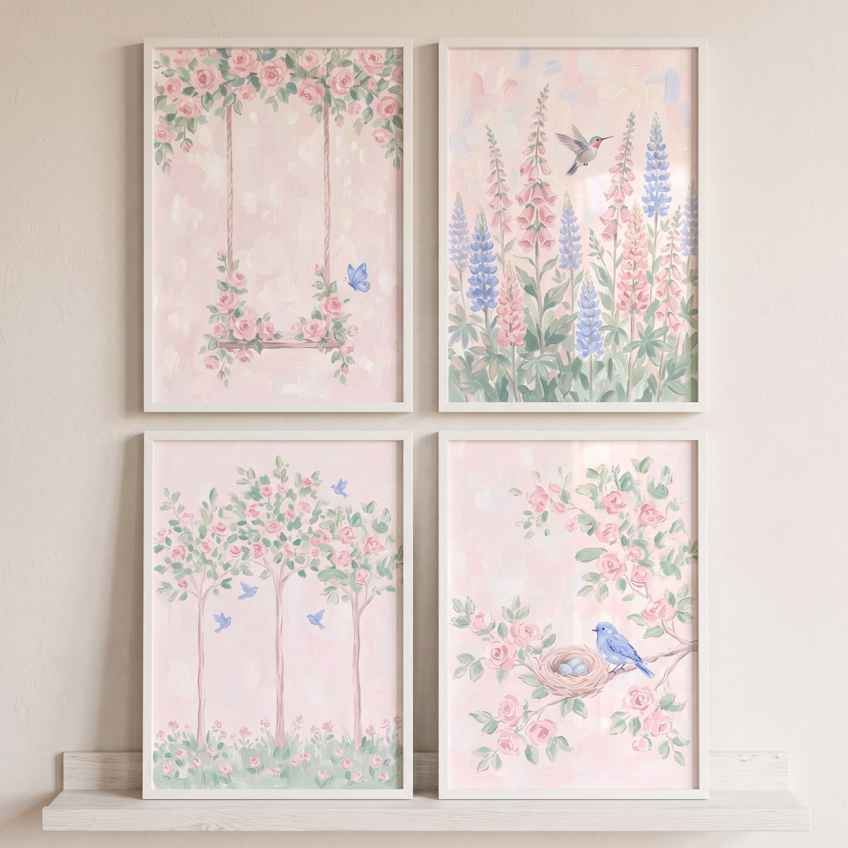 Ethereal Pastel Rose Garden Wall Art Set of 4 - Spring Garden Bliss