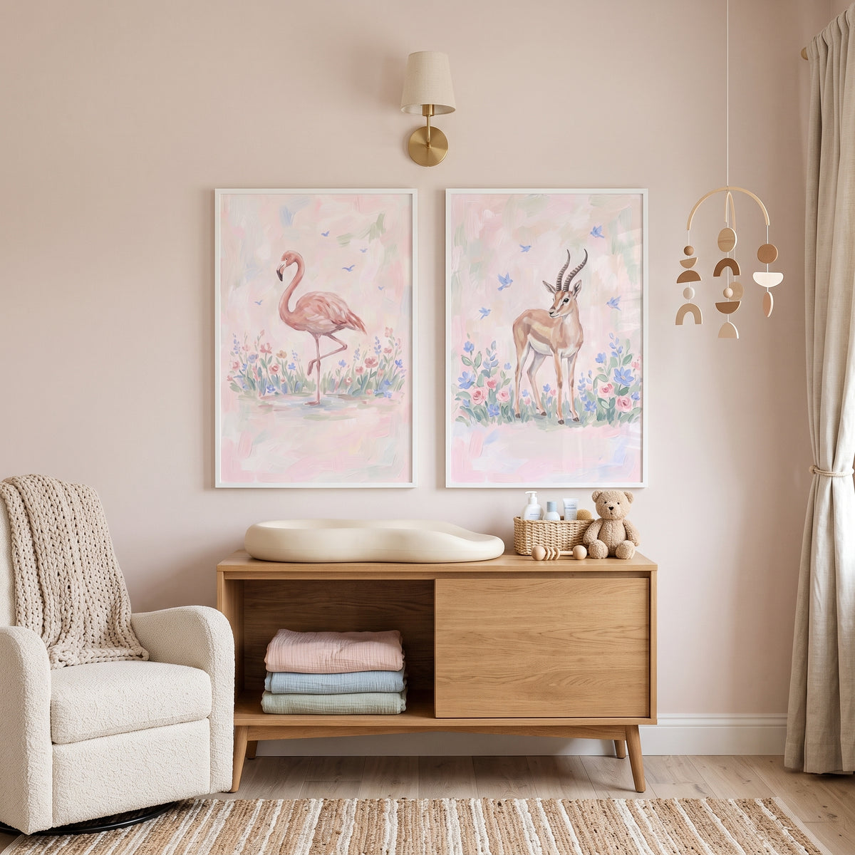 Ethereal Pastel Safari Animals Wall Art Set of 2 - Blushing Safari Friends