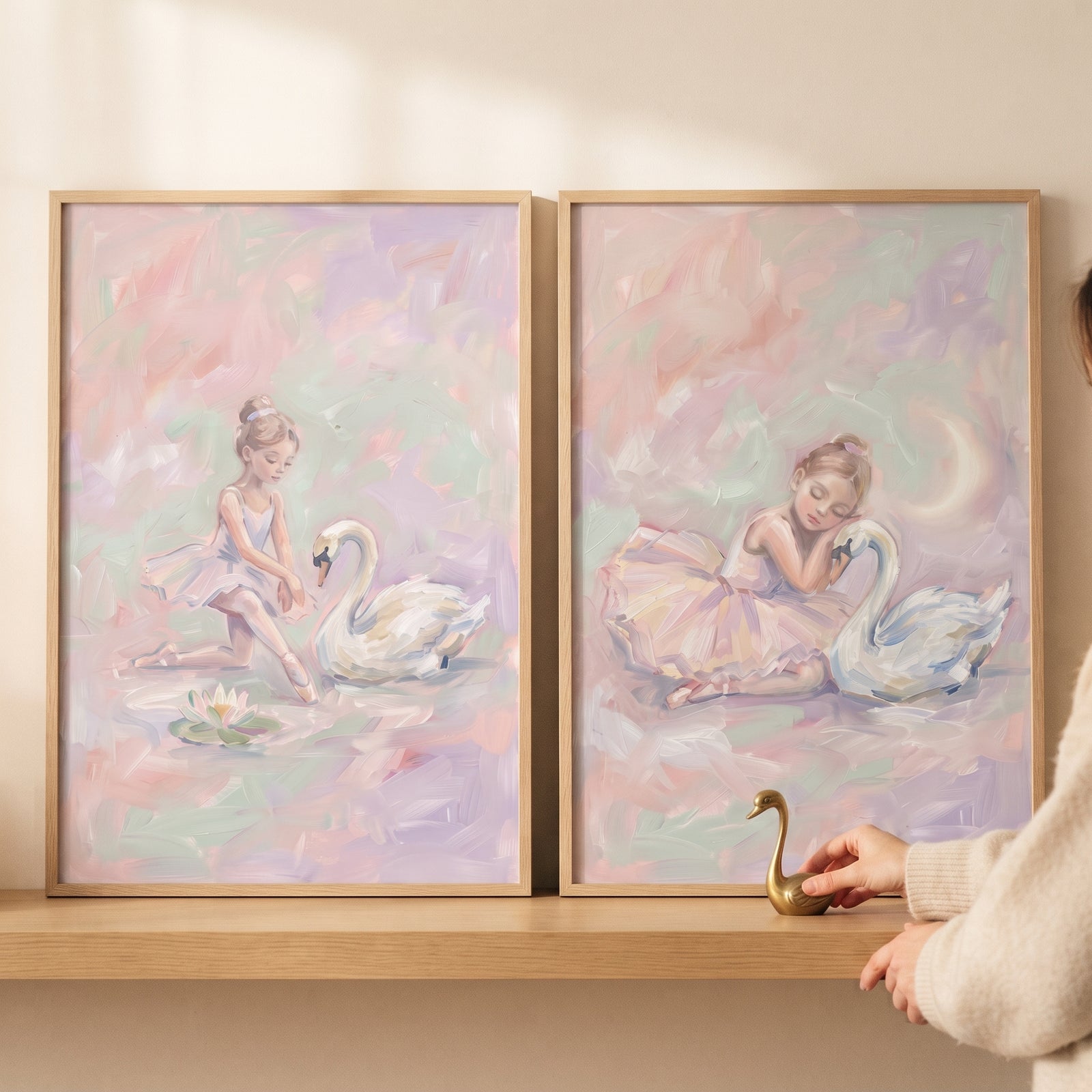 Ethereal pastel swan ballet wall art set of 2 featuring young dancers in tutus with graceful swans in soft hues.