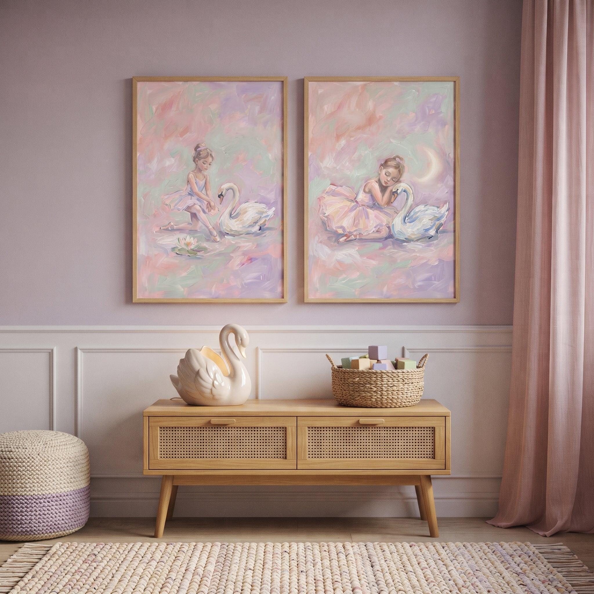 Ethereal Pastel Swan Ballet Wall Art Set of 2 - Graceful Swan Duo