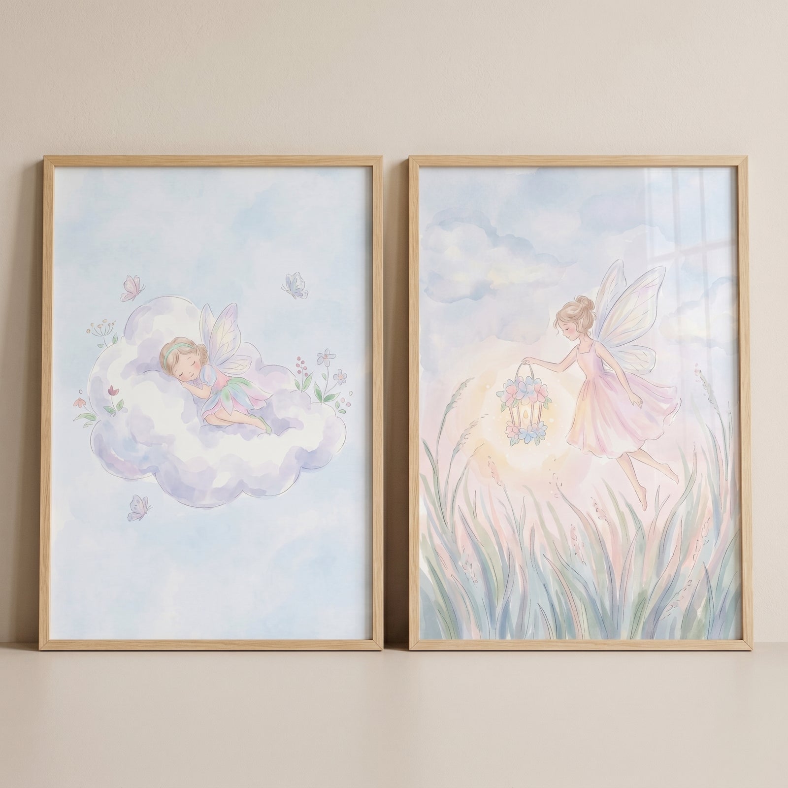 Ethereal pastel winged fairy wall art set of 2 with a sleeping fairy on a cloud and one flying with a flower lantern.