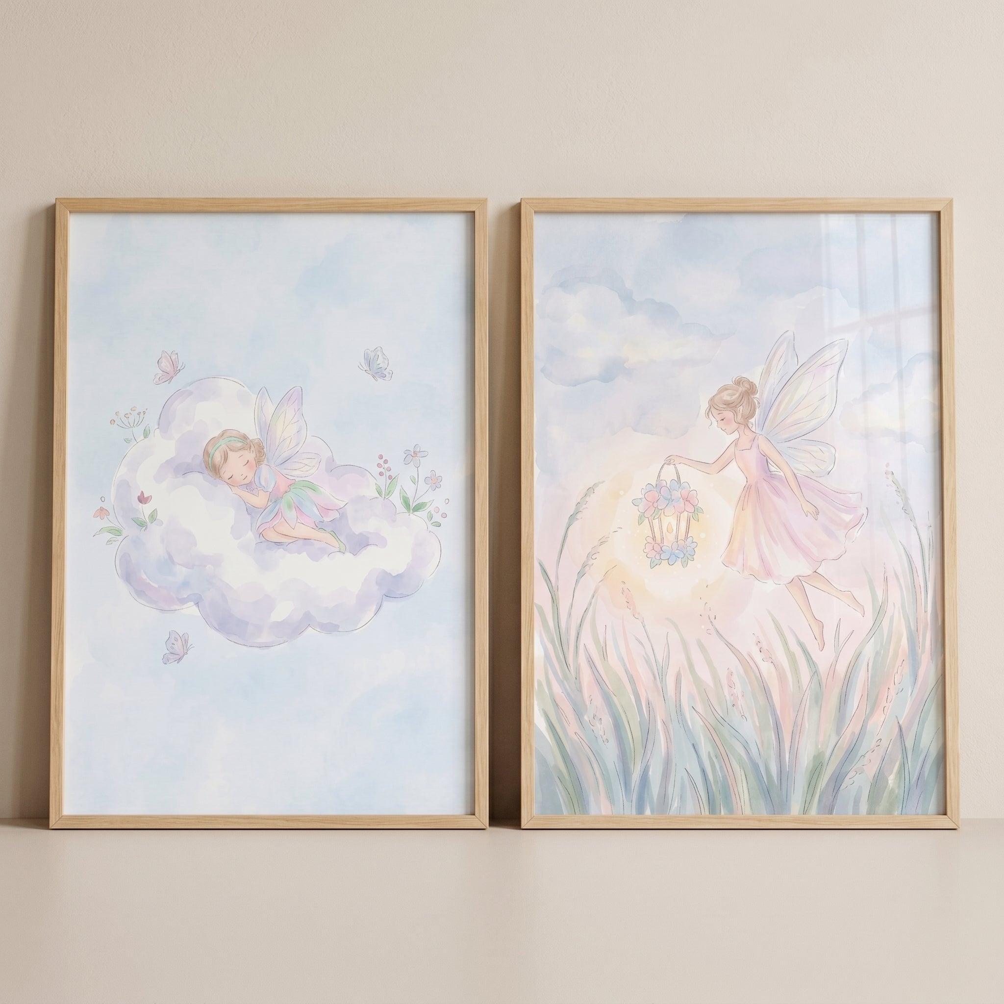 Ethereal Pastel Winged Fairy Wall Art Set Of 2 - Ethereal Lantern Glow