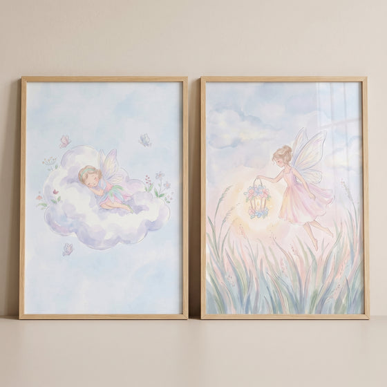 Ethereal pastel winged fairy wall art set of 2 with a sleeping fairy on a cloud and one flying with a flower lantern.
