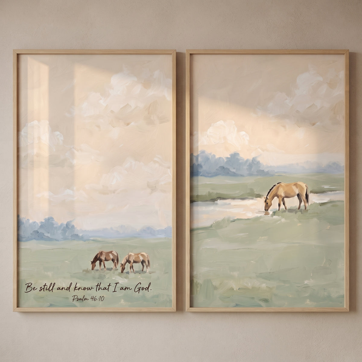 Ethereal peach sky horse wall art set of 2 features horses in a field with Psalm 46:10 text and wood frames.