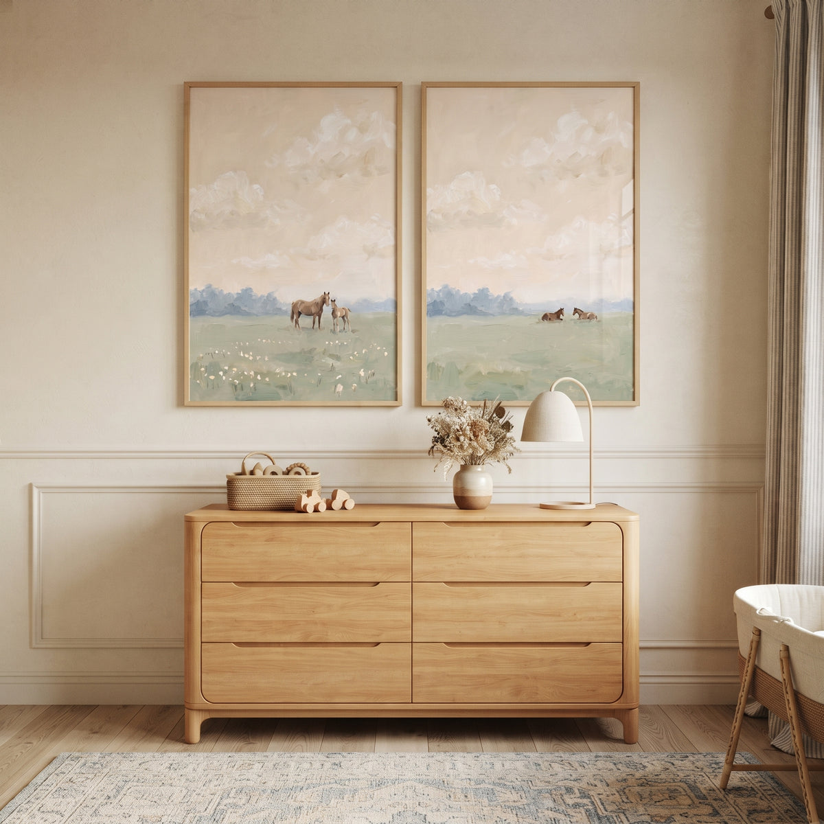 Ethereal Peach Sky Horses Wall Art Set of 2 - Quiet Meadow Horses