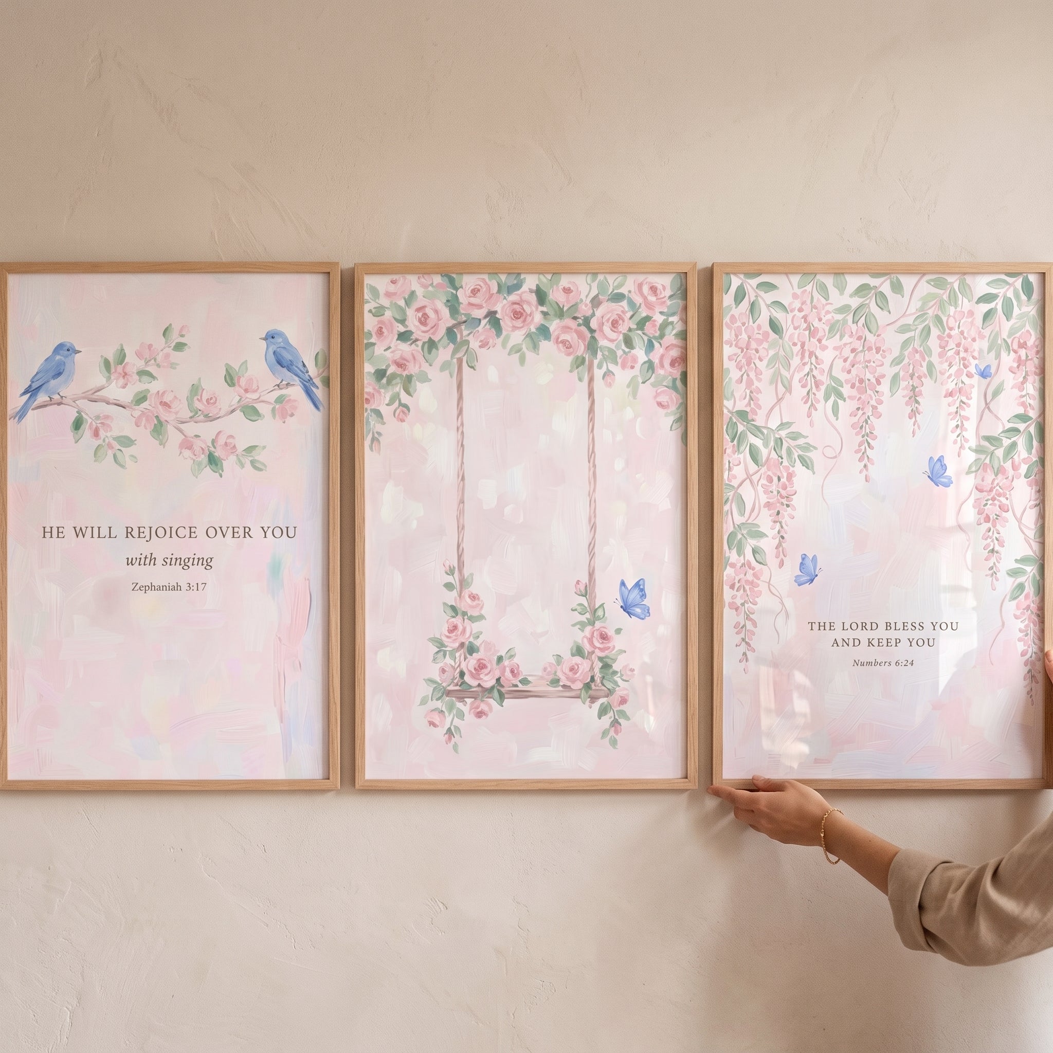 Ethereal Pink Floral Scripture Wall Art Set of 3 - Sacred Floral Verses