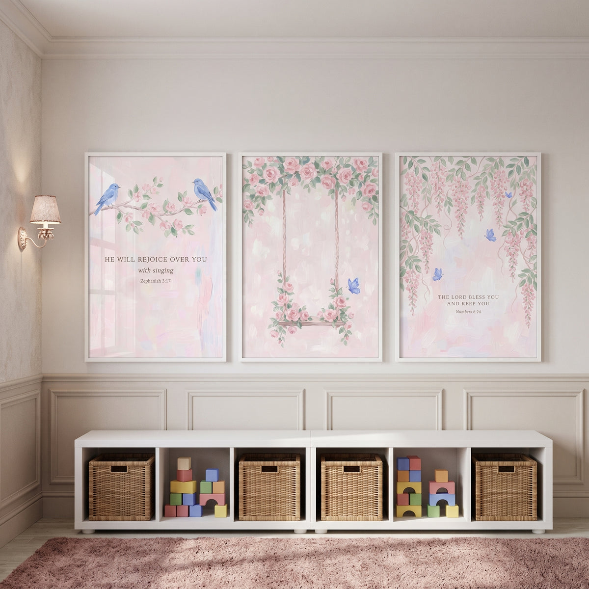 Ethereal Pink Floral Scripture Wall Art Set of 3 - Sacred Floral Verses