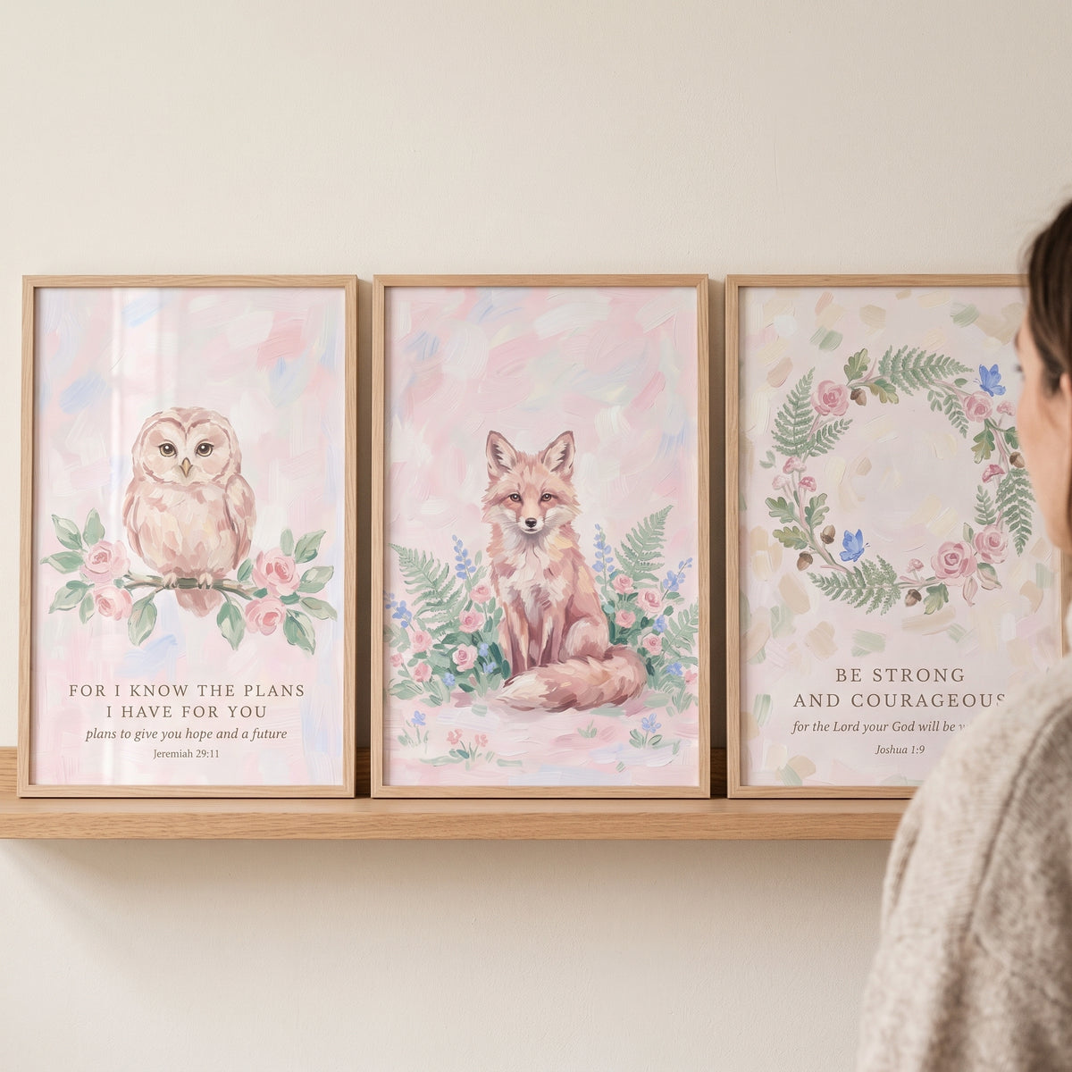 Ethereal Pink Forest Floral Wall Art Set of 3 - Gentle Woodland Verses