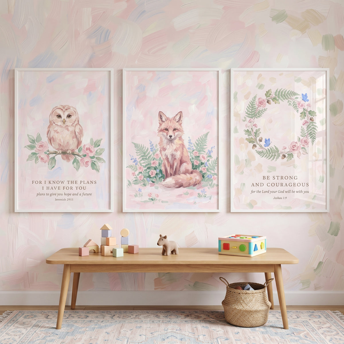 Ethereal Pink Forest Floral Wall Art Set of 3 - Gentle Woodland Verses