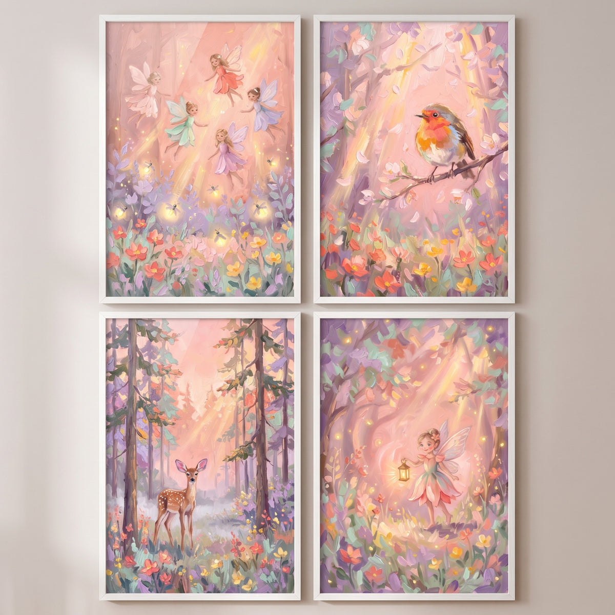 Ethereal Pink Friends Forest Wall Art Set of 4 - Sunlit Woodland Dreams