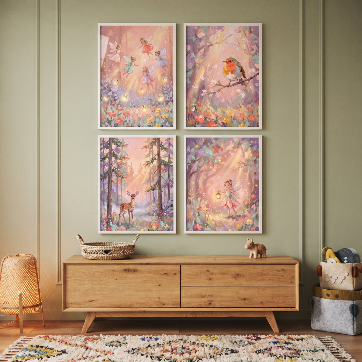 Ethereal Pink Friends Forest Wall Art Set of 4 - Sunlit Woodland Dreams