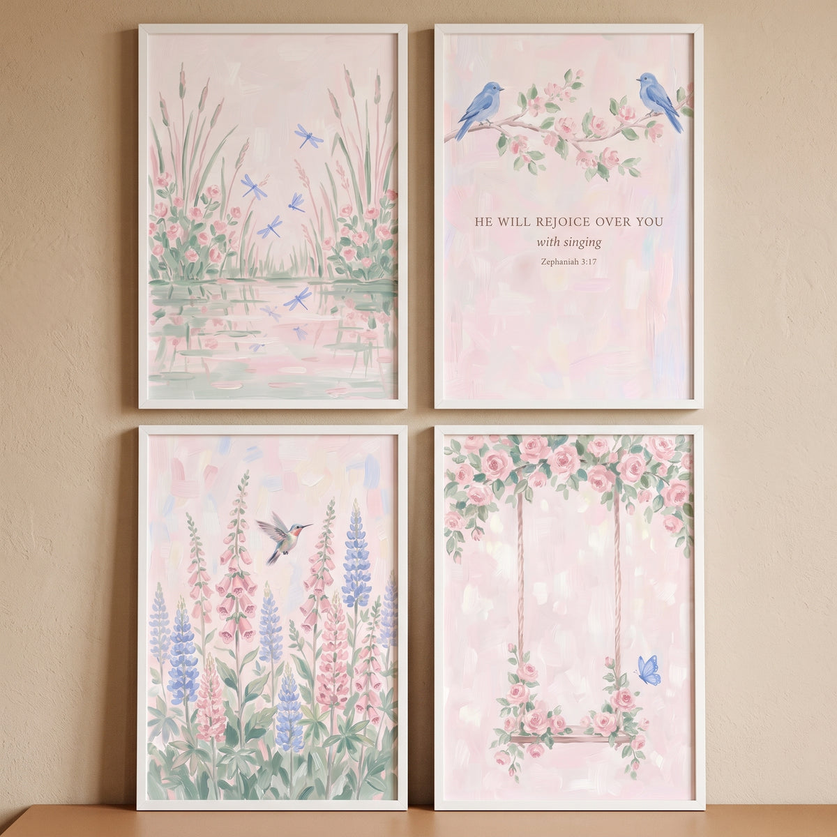 Ethereal pink nature garden wall art set of 4 featuring birds, flowers, dragonflies, a swing, and a scripture verse.