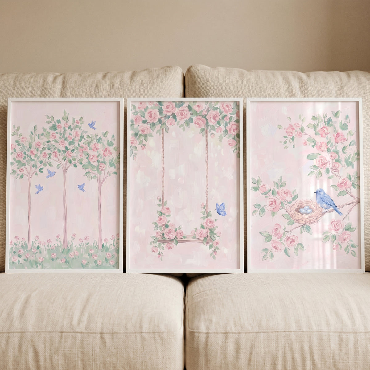 Ethereal Pink Rose Garden Wall Art Set of 3 - Whimsical Bird Nest