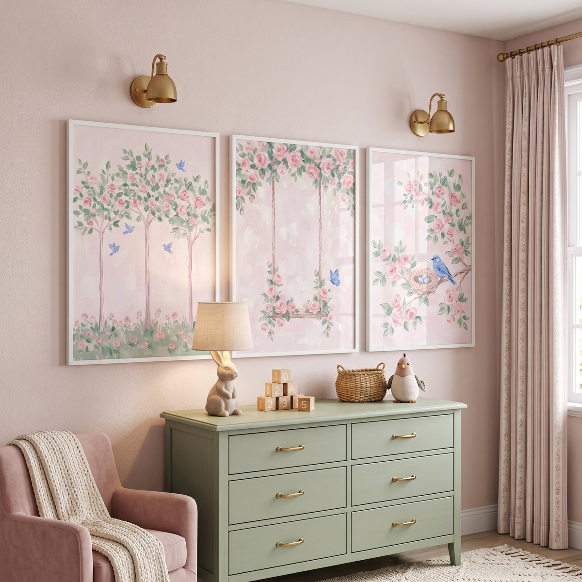 Ethereal Pink Rose Garden Wall Art Set of 3 - Whimsical Bird Nest