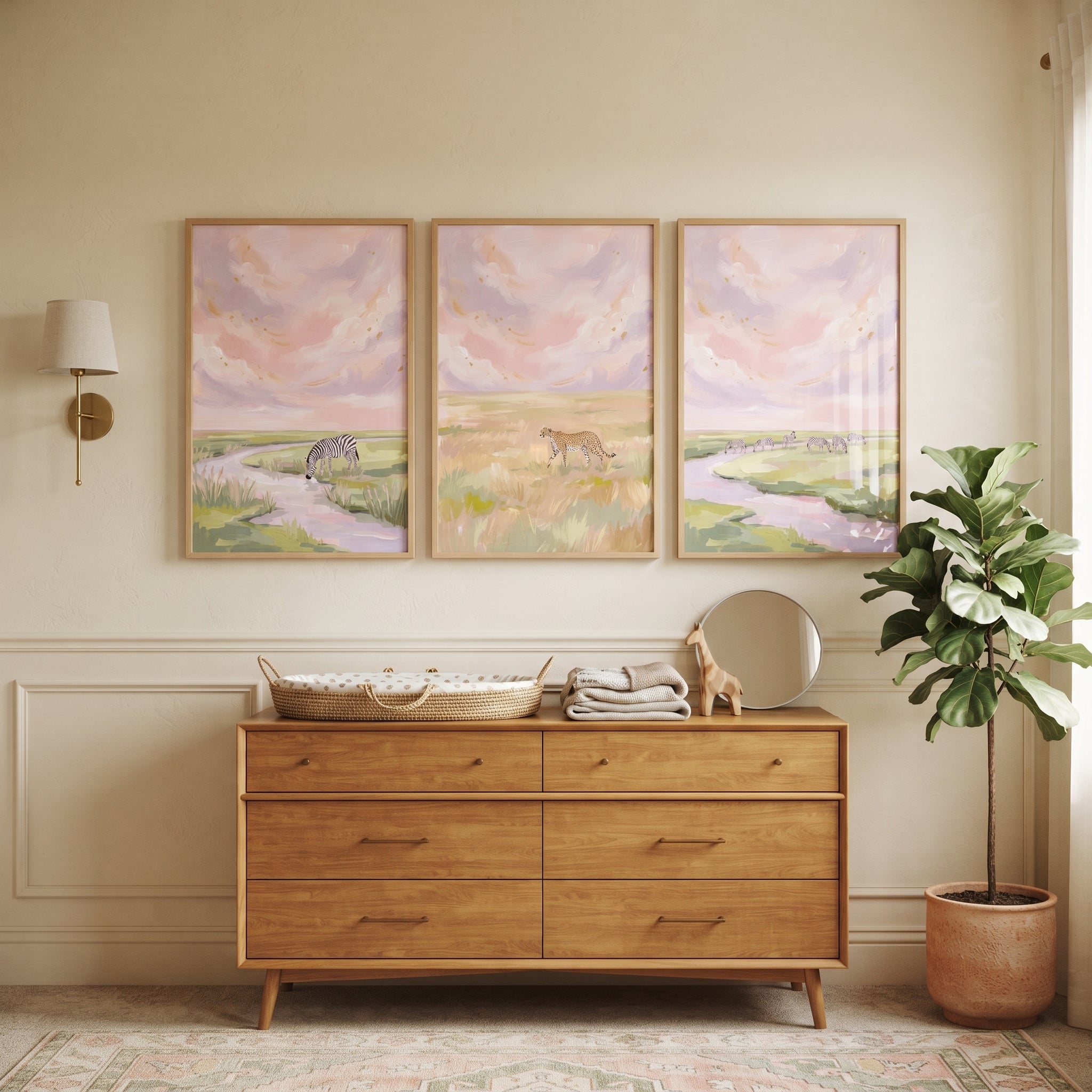 Ethereal Pink Safari Animals Wall Art Set of 3 - Serene Wild Horizon