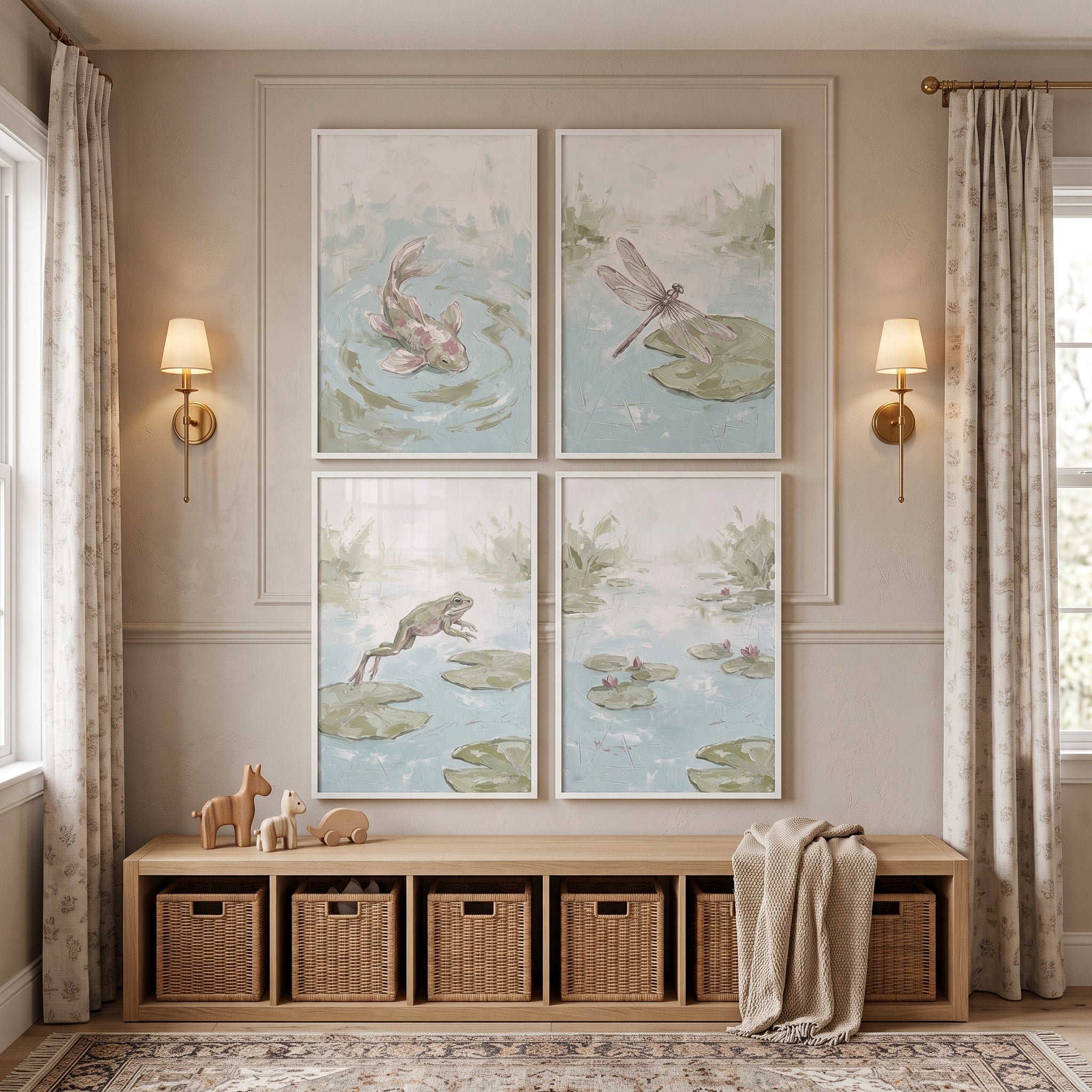 Ethereal Sage Pond Wall Art Set Of 4 - Serene Water Garden