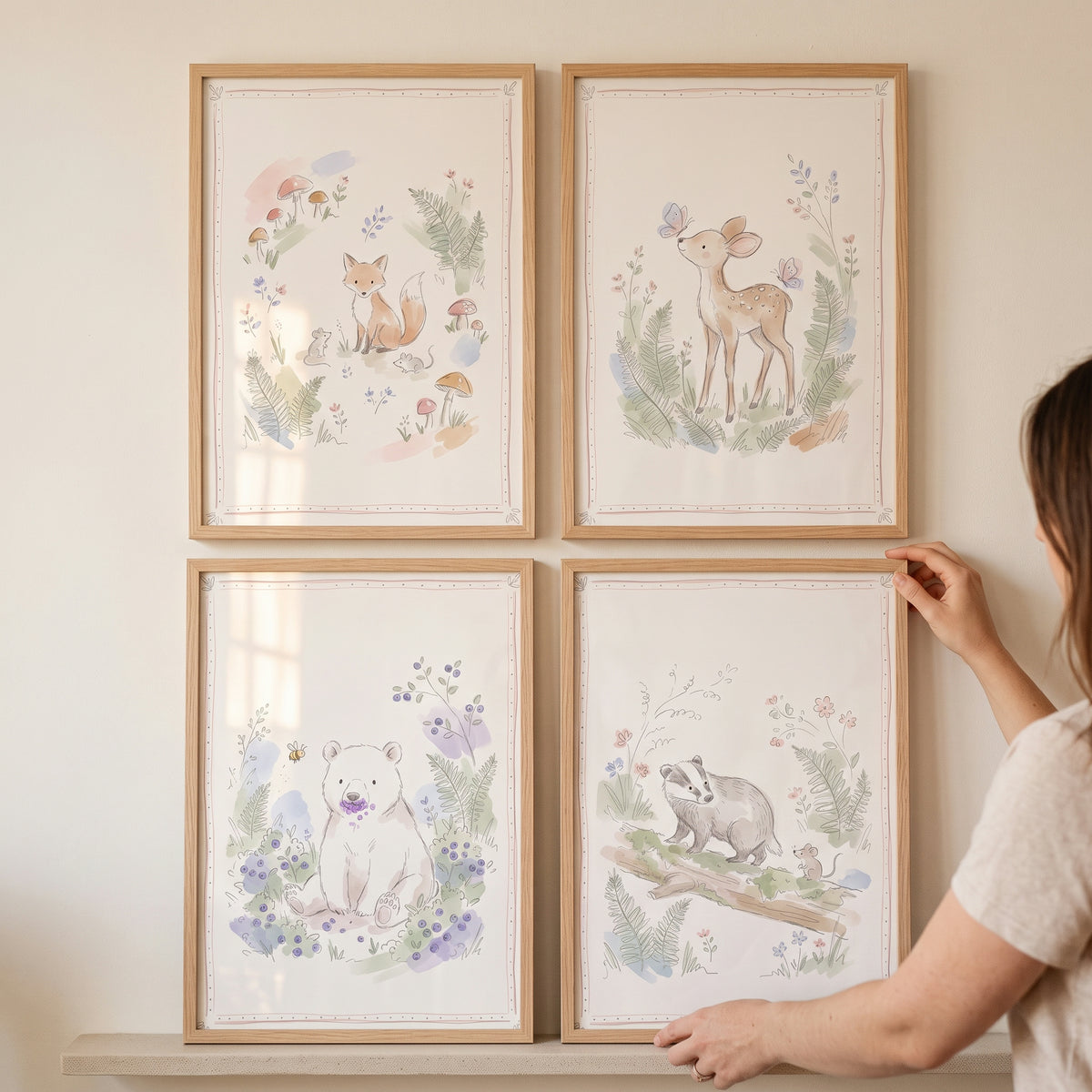 An ethereal sketchbook woodland animal artwork set of 4 features a fox, deer, bear, and badger in a soft watercolor style.