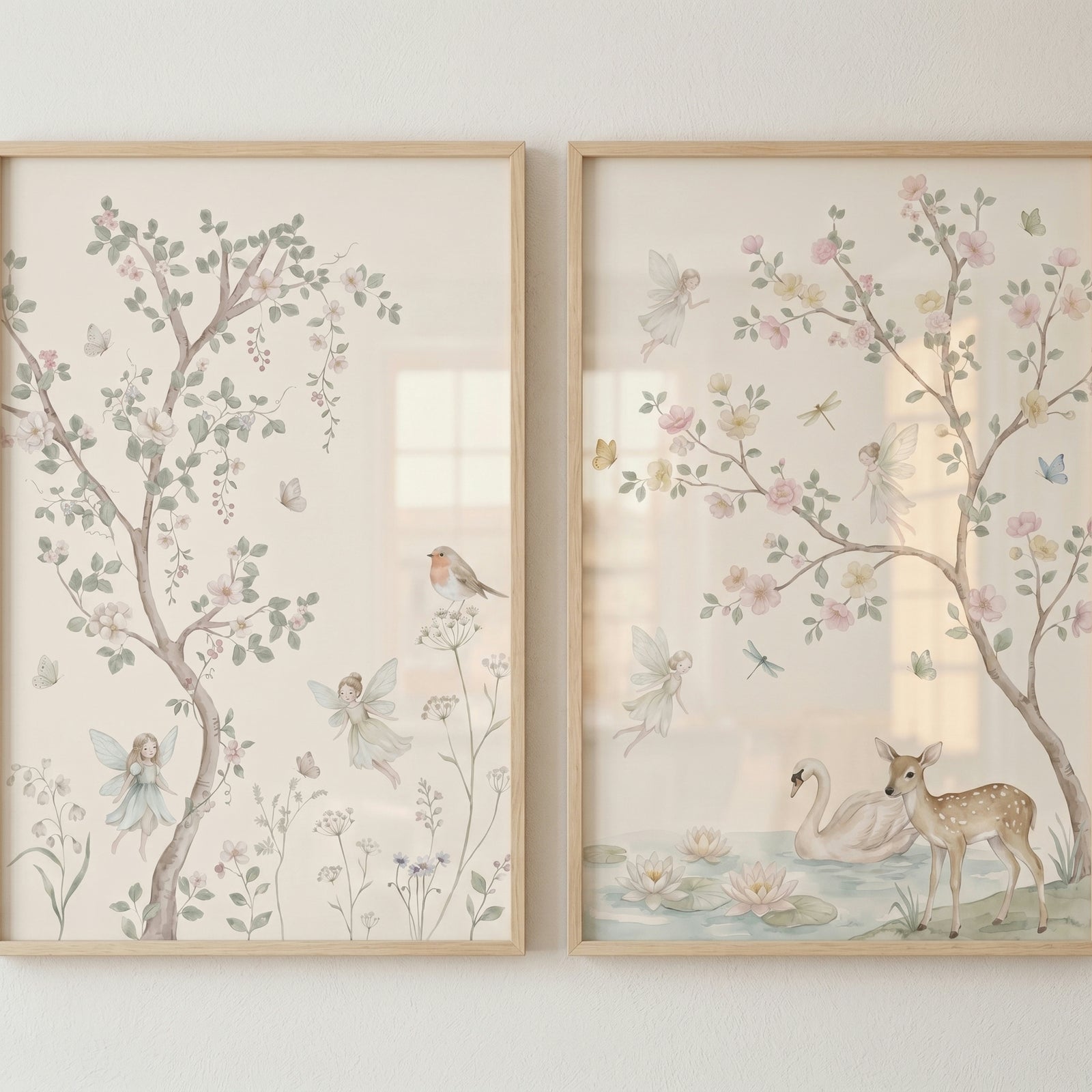 Ethereal soft blossom fairies wall art set of 2 with a deer, swan, and bird among delicate watercolor trees.