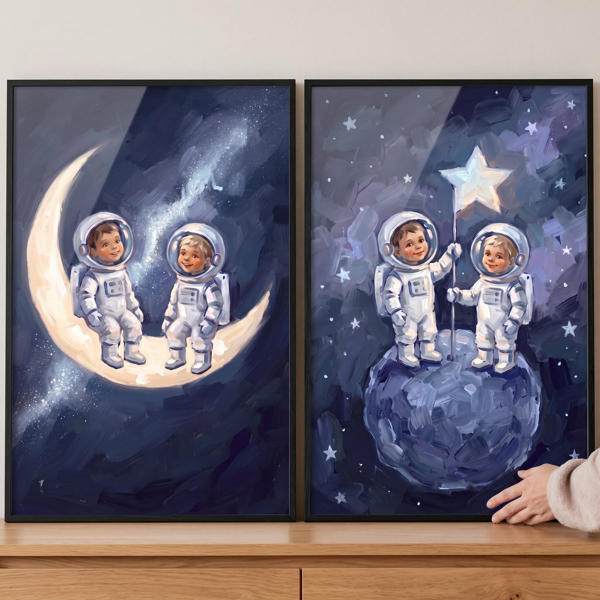 Ethereal Space Baby Astronauts Wall Art Set of 2 - Starry Dreamers