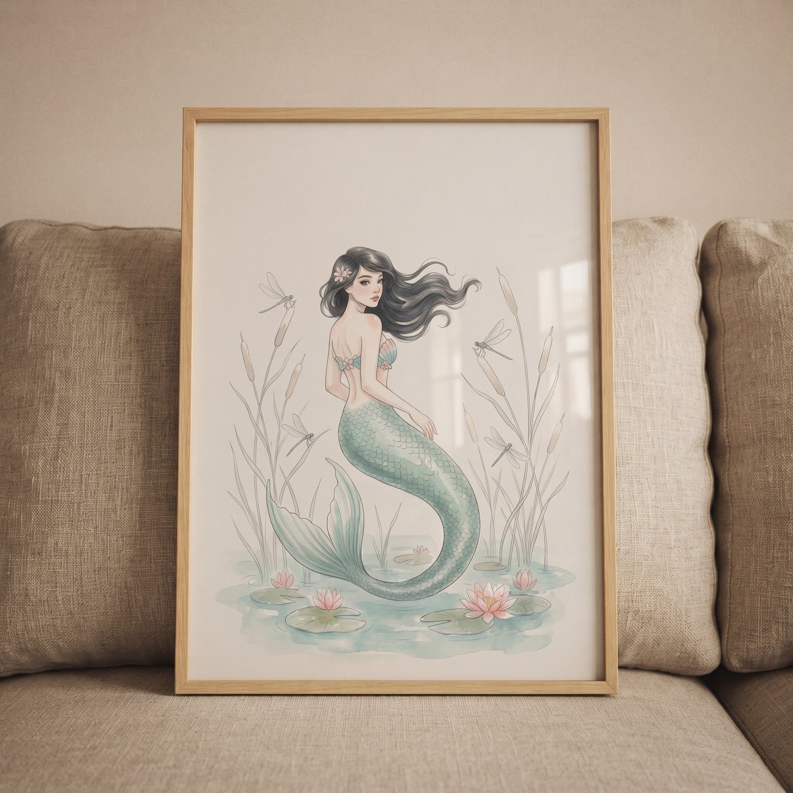 Framed ethereal teal tail mermaid wall art featuring a dark-haired mermaid in a pond with lotuses and dragonflies.